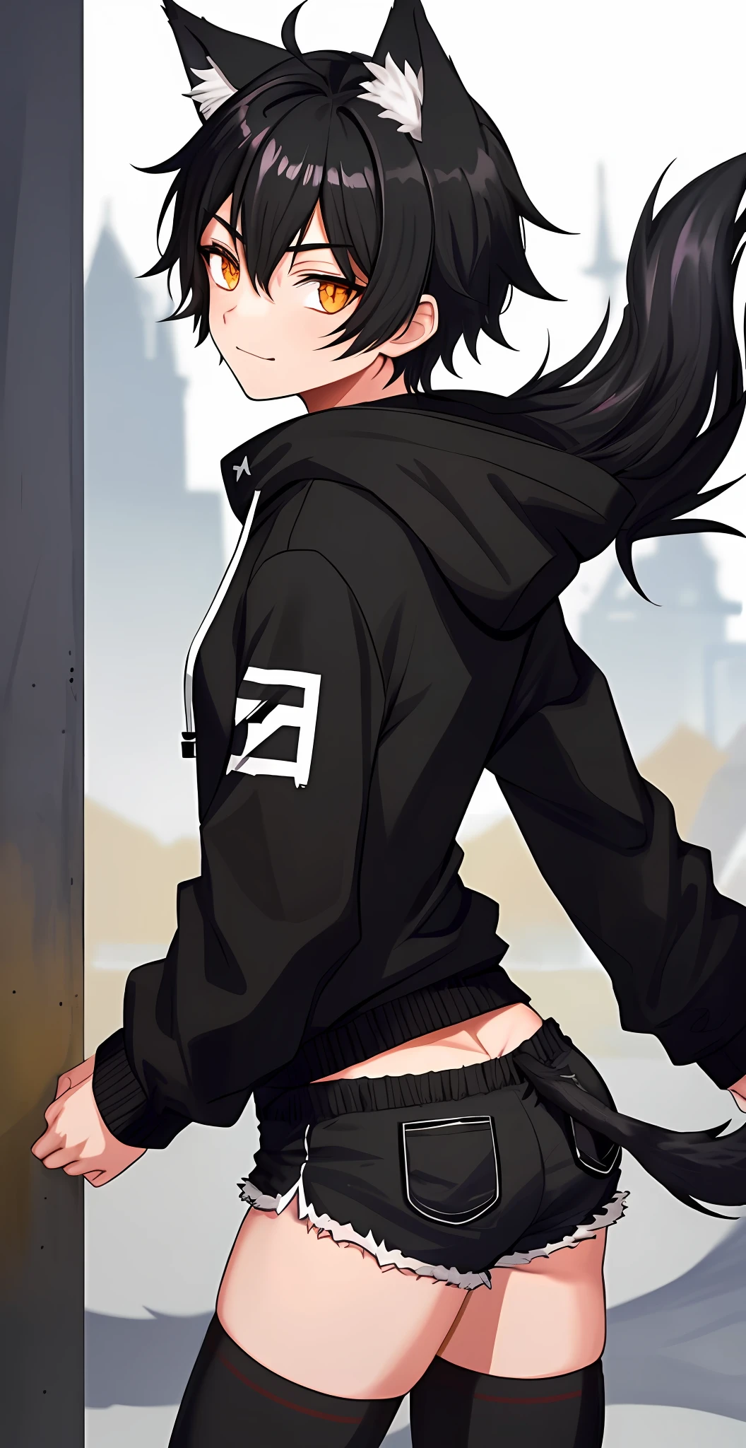 1boy, sharp wolf ears, fluffy wolf tail, black hair, black hoodie, booty shorts, golden eyes, black thigh highs, masterpiece, good quality, butt facing the viewer, looking behind, smug