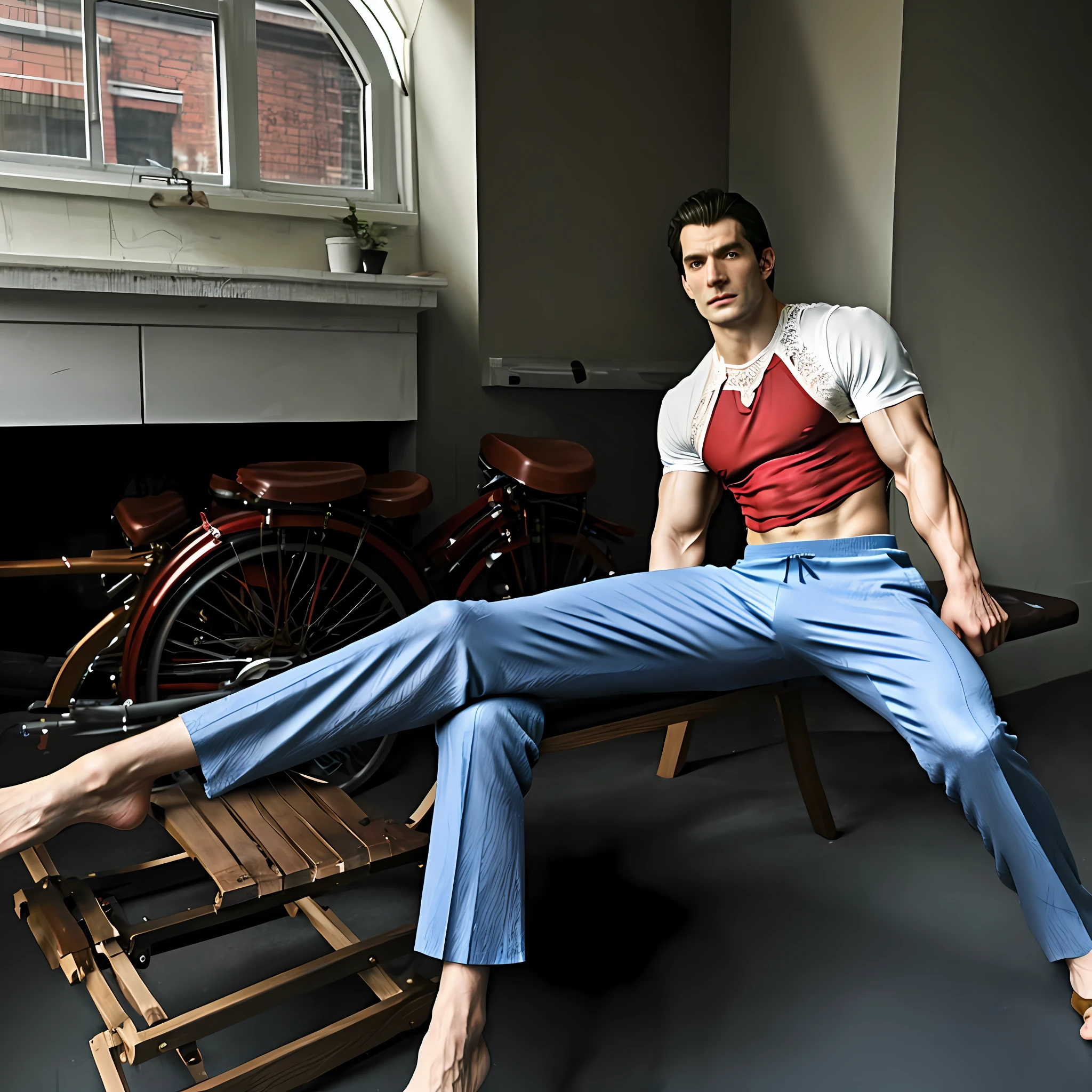 Real, muscular man, Henry Cavill, triangle lace trousers, open legs, wet all over