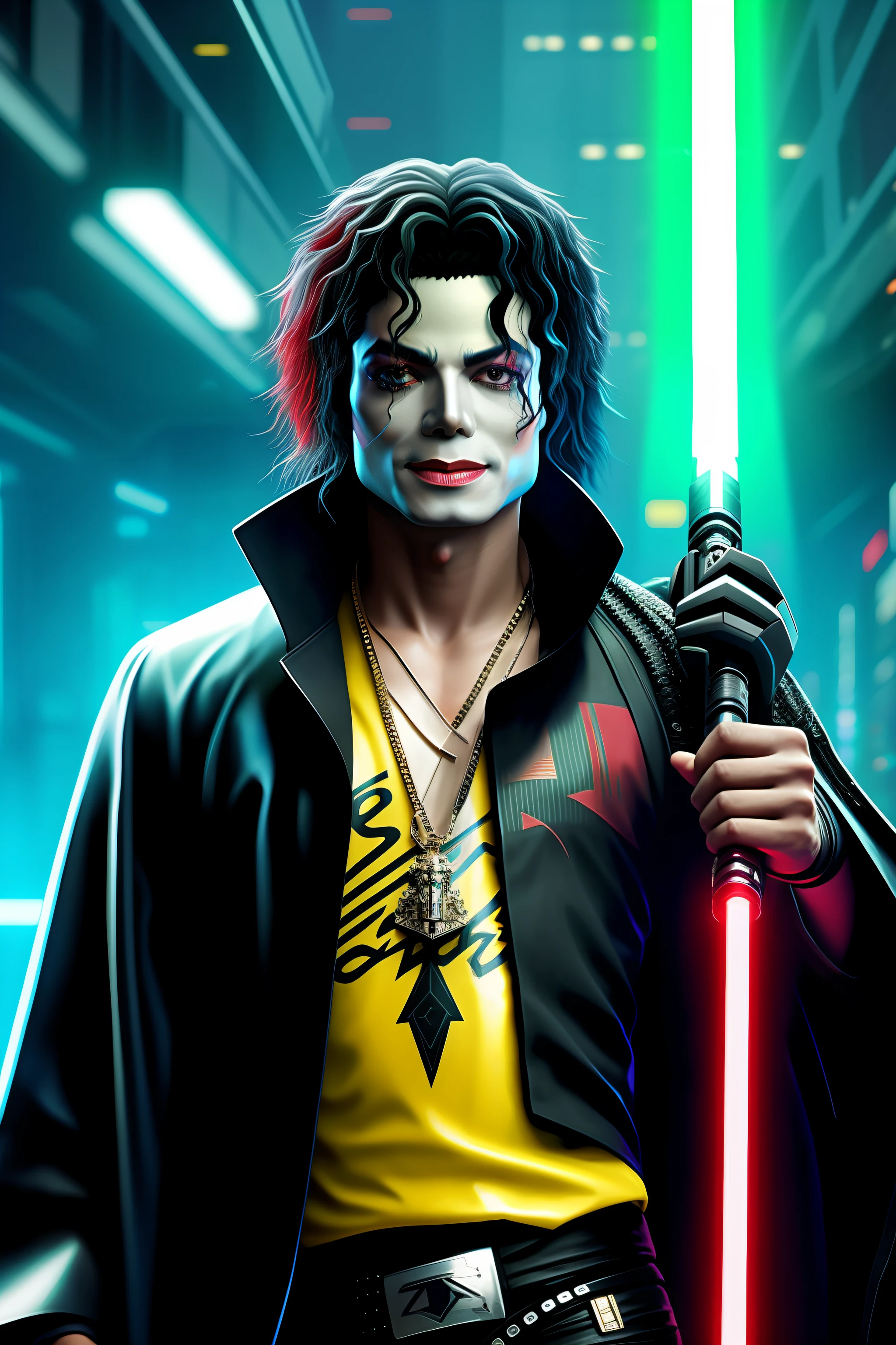 a painting of a Michael Jackson in Dartvader robes and lightsaber, Cyberpunk 2077 style.