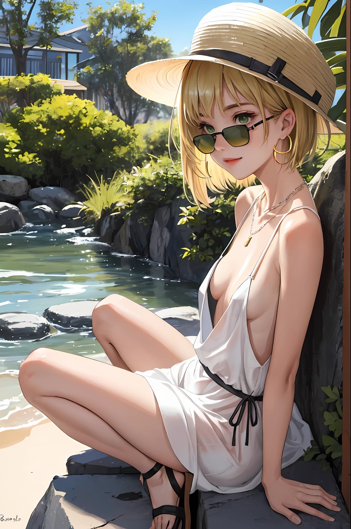 (masterpiece:1.2, best quality), 1girl, smirk, slim, slender, green eyes, sharp eyes, small_breasts, flat_chest, leaning forward, facing viewer, dress, wide-brimmed hat, strappy sandals, oversized sunglasses, simple hoop earrings, shell necklace, areola slip, down blouse, embarrassed, very short blonde hair, ^ ^, nature, yoga studios, serene spaces,