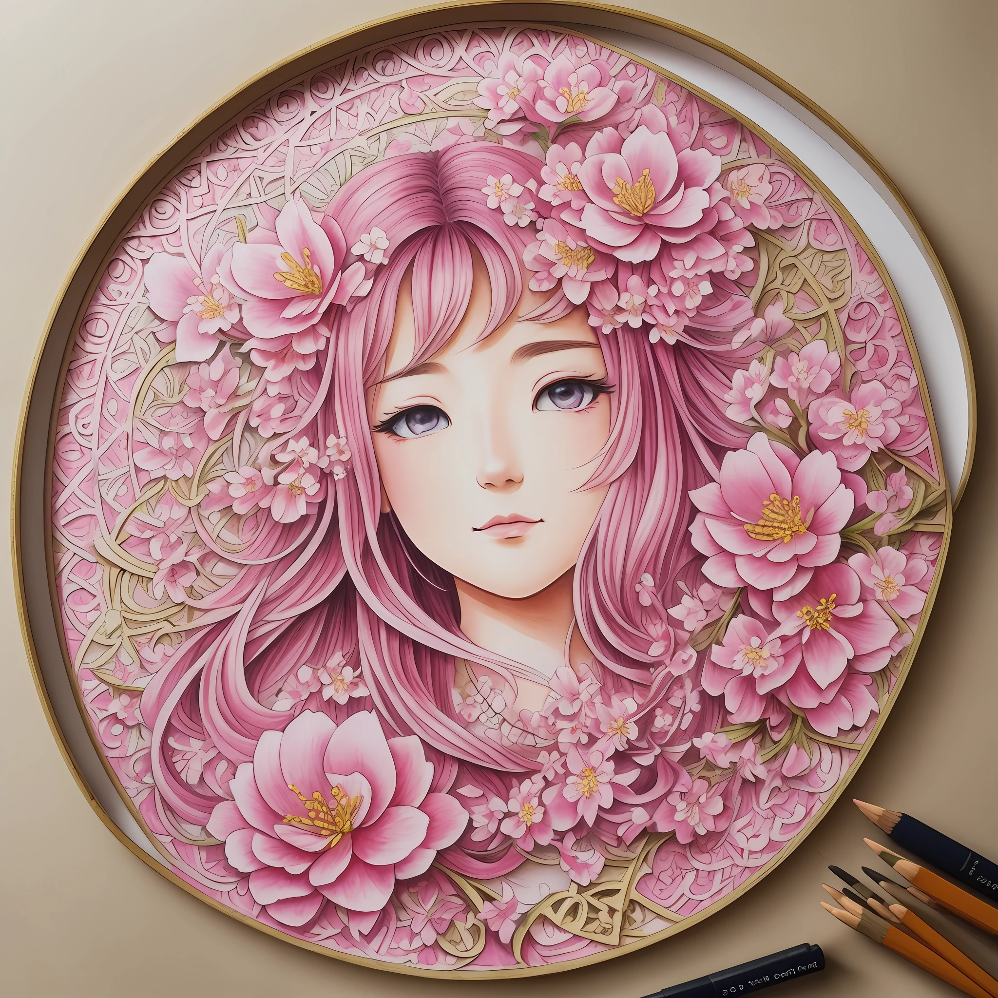intricate baroque sakura blossom, watercolor, outline, coloured pencil drawing design --auto --s2
