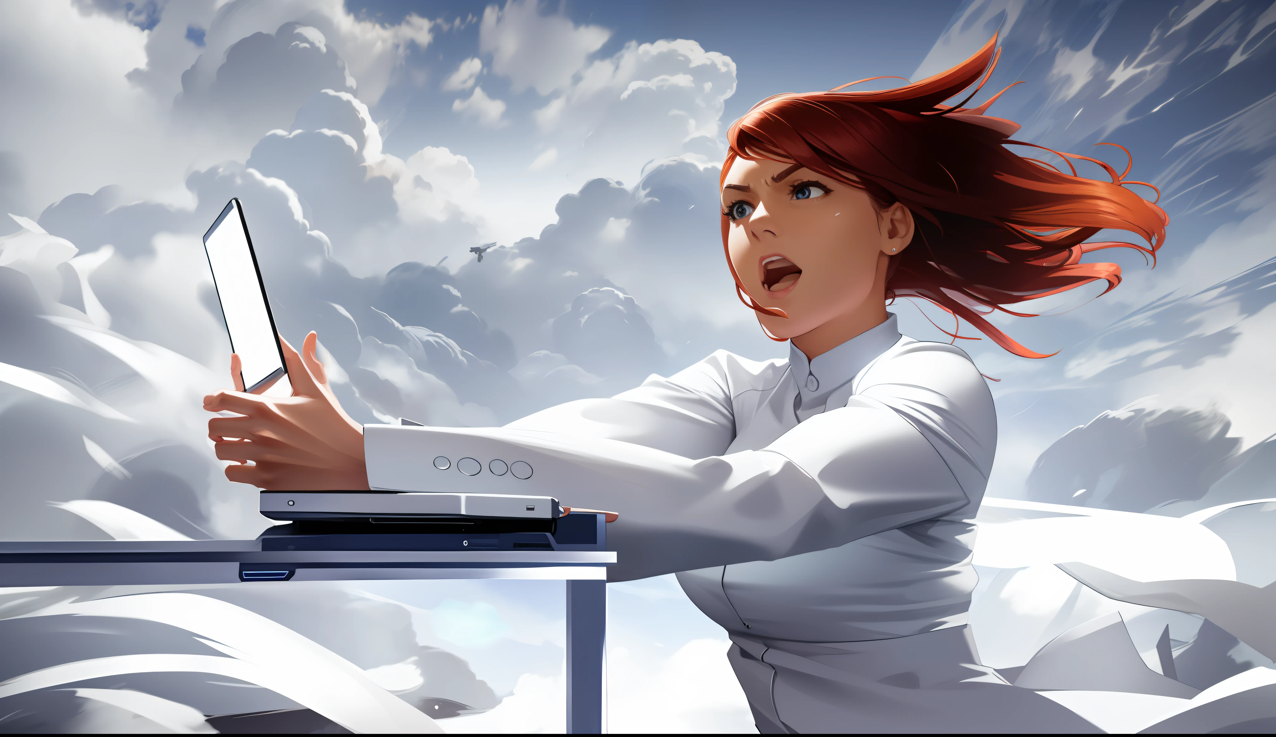 woman in white shirt with laptop and phone in air, very intense, promo shot, very dynamic, in front of a computer, excitement, menacing!!!, extremely strong wind, triumphant pose, serious composure, very award - winning, very excited, hair blowing, !!award-winning!!, unwind!, sassy pose, desperate pose, digitally enhanced, aggressive pose