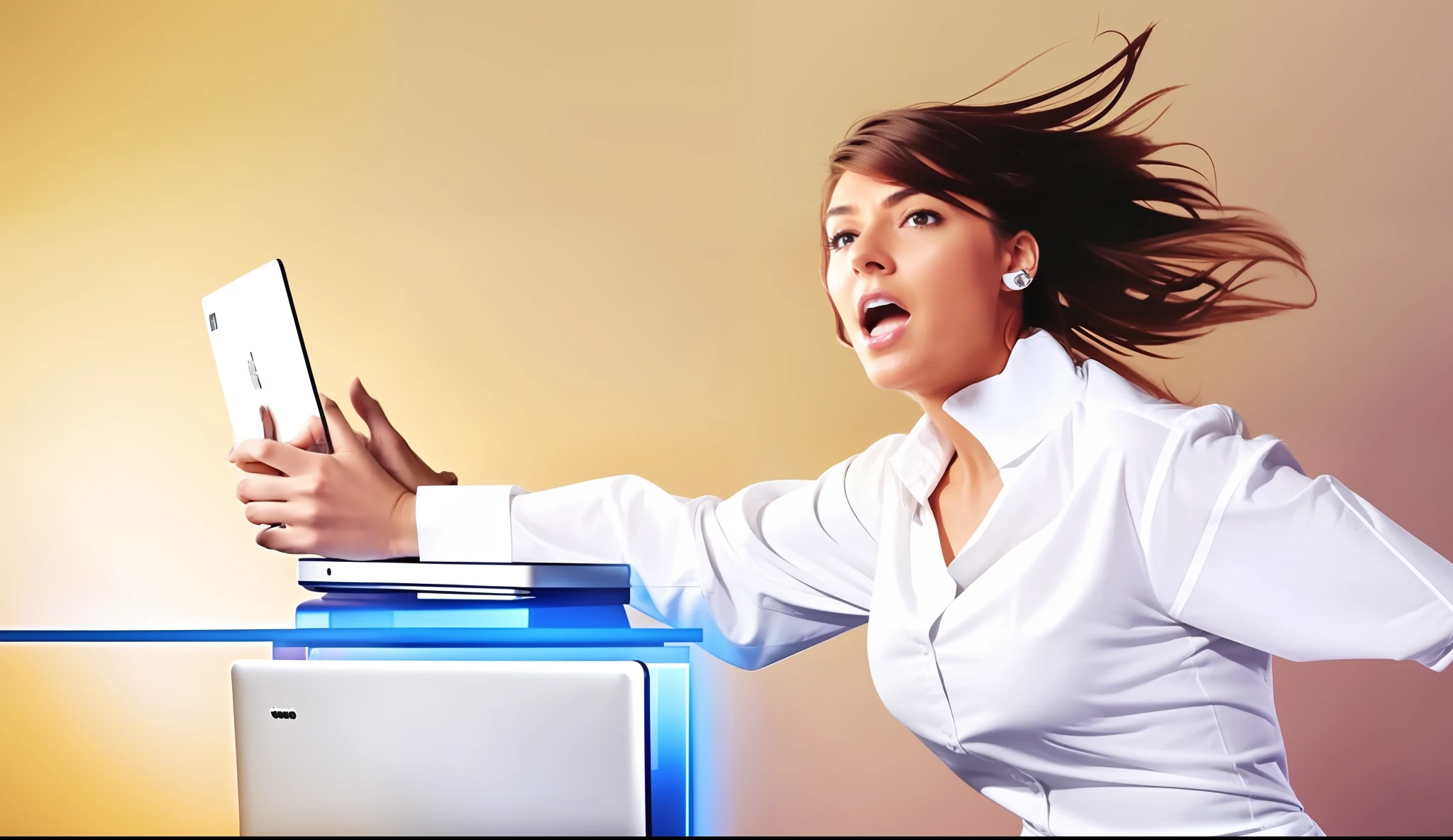 woman in white shirt with laptop and phone in air, very intense, promo shot, very dynamic, in front of a computer, excitement, menacing!!!, extremely strong wind, triumphant pose, serious composure, very award - winning, very excited, hair blowing, !!award-winning!!, unwind!, sassy pose, desperate pose, digitally enhanced, aggressive pose