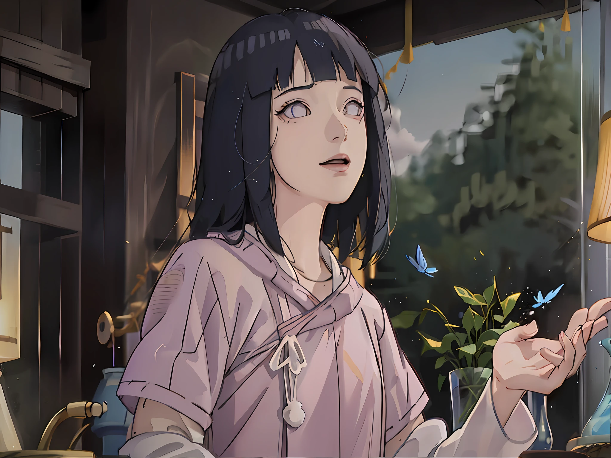 (RAW Photo, Best Quality), (Realistic, Photo Real: 1.3), Best Quality, Highly Detailed, Masterpiece, Ultra Detailed, Illustration, 1 Girl, upper_body, Dynamic Angle, World Mastery Theater, messy_long_hair, Best Quality, Extremely Detailed CG Uniform 8k Wallpaper, Ink, Amazing, Sexy, Smile, Movie Lights, lens_flare, dunhuang_style, surrounded by blue butterflies, hinata/(boruto/), blunt bangs, long hair