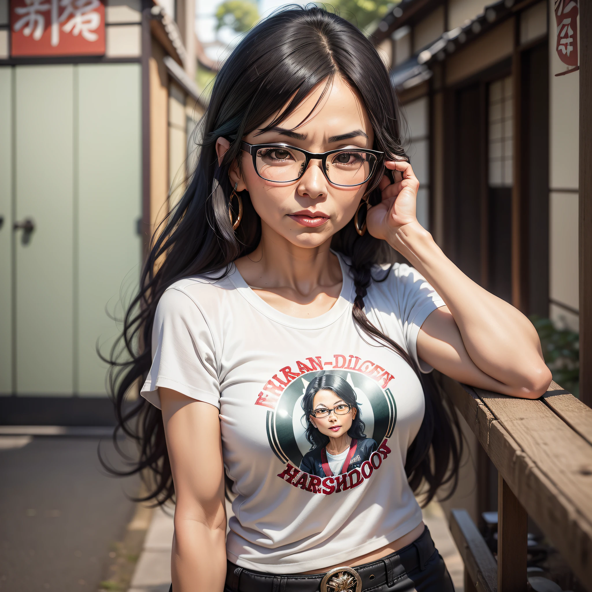 a portrait of a mixed-race woman (Japanese grandmothers) with dark and medium hair, wearing glasses, Brazilian, with biker pants and a short Harley-Davidson T-shirt.