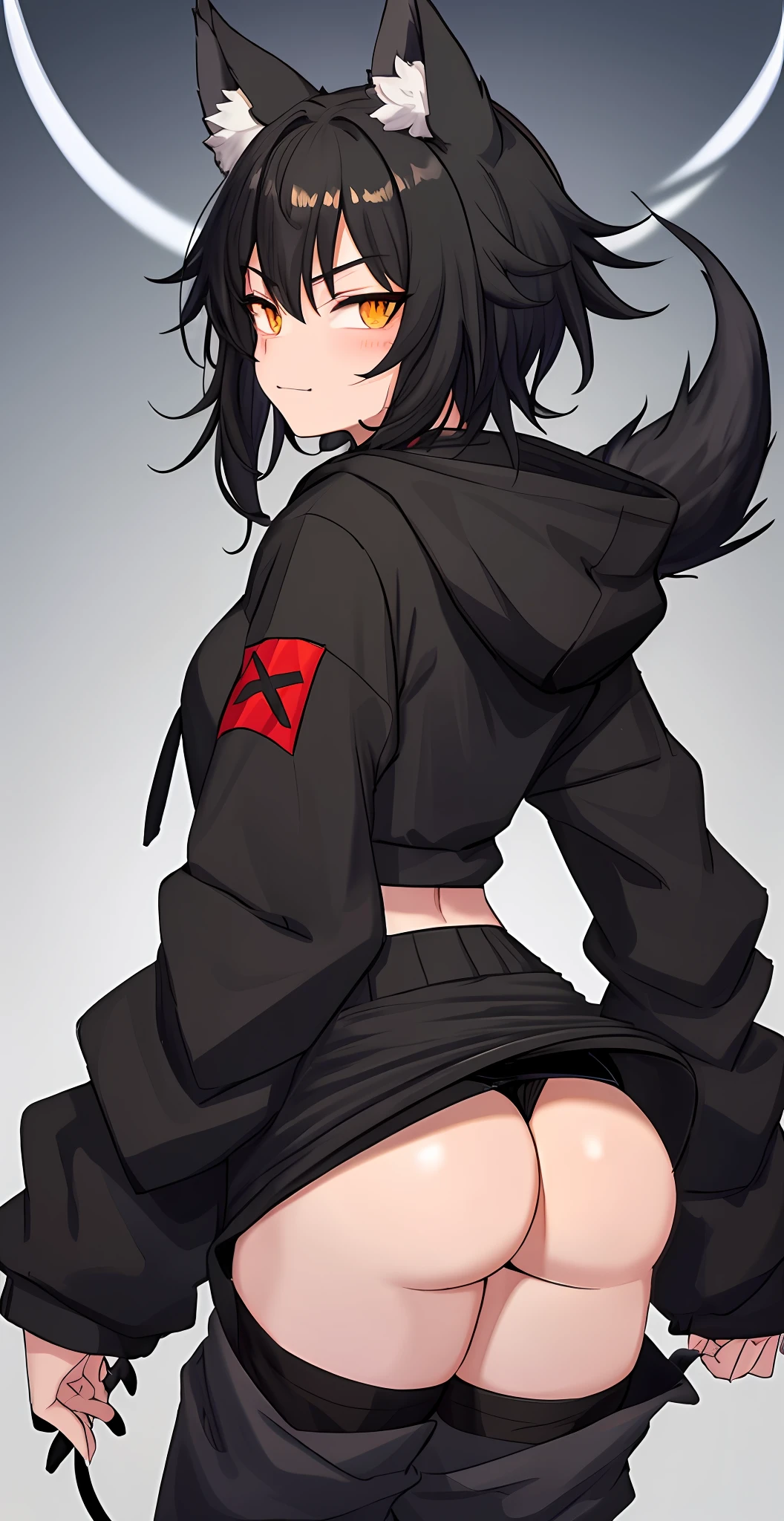 1boy, sharp wolf ears, fluffy wolf tail, black hair, black hoodie, booty shorts, golden eyes, black thigh highs, masterpiece, good quality, butt facing the viewer, looking behind, smug, slightly nsfw, has a big butt and big thighs