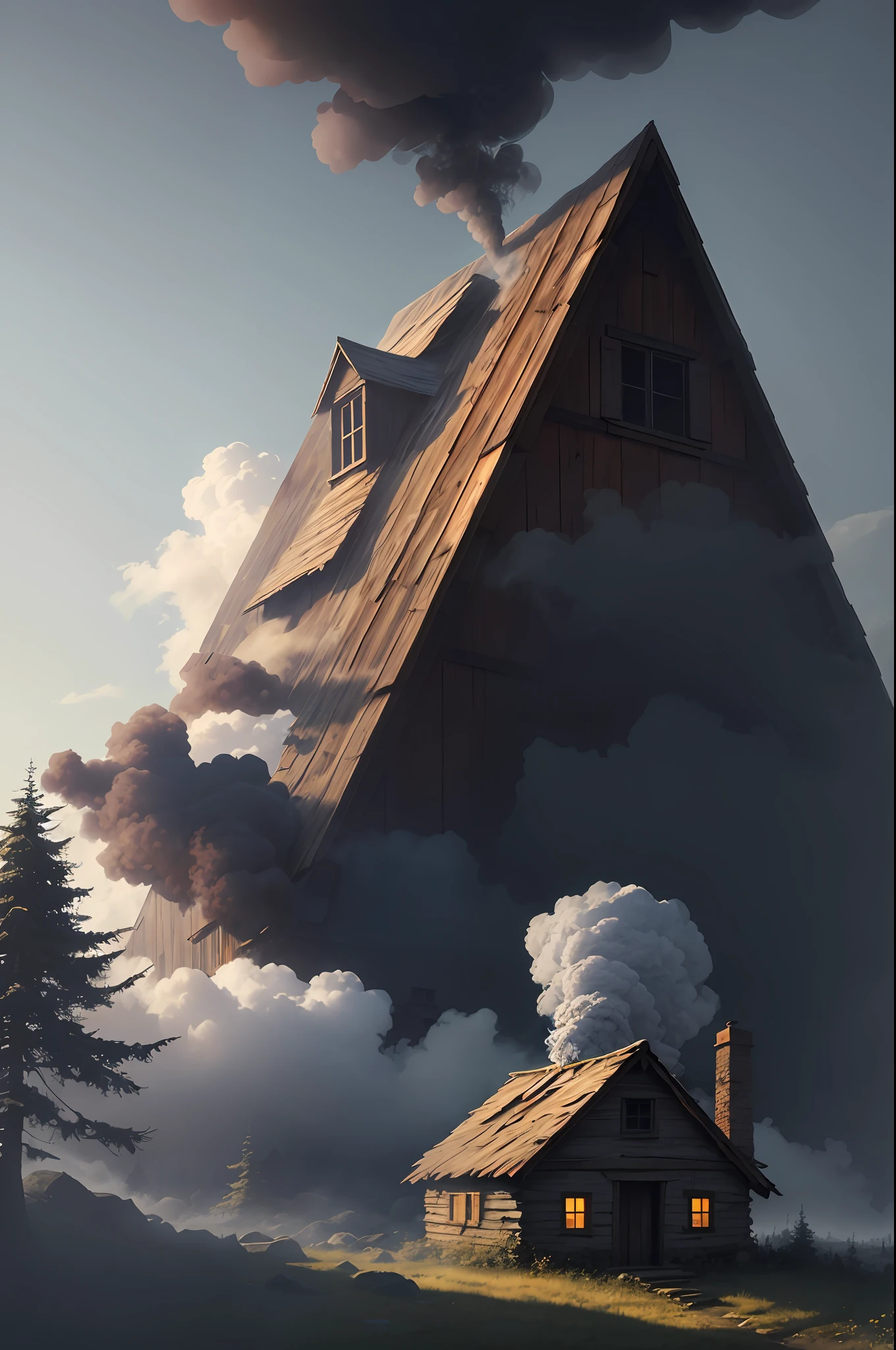 Dreamlikeart absurdres highres masterpiece best quality, old hut dense forest chimney with smoke fog mysterious aspect sky clouds