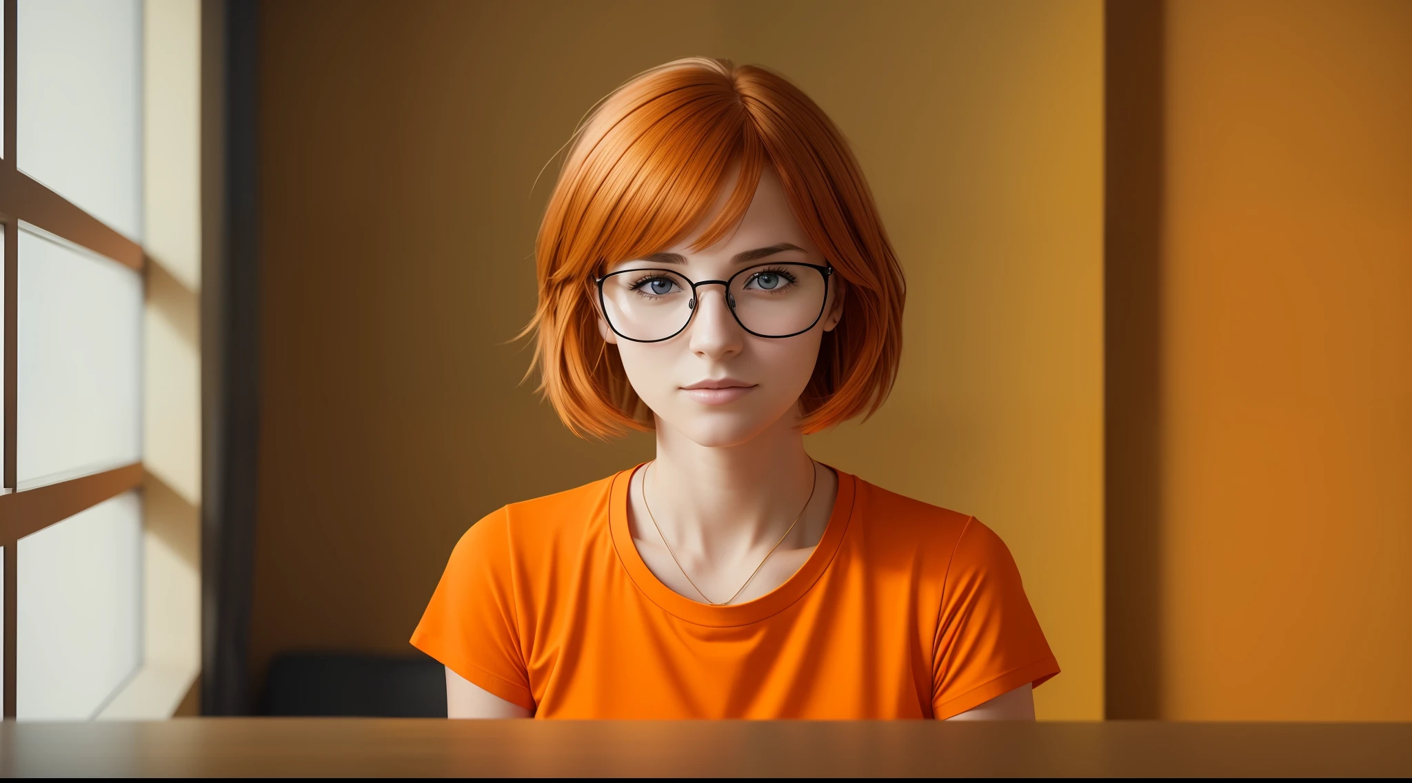 A 27-year-old female character wearing beautiful orange glasses and wearing a plain orange mesh T-shirt, in an agency with orange walls, very short and spiky orange brown hair, slim body, looking at the camera, cinematic lighting, shallow depth of field, 8k UHD, DSLR, 35mm 1.8 lens, masterpiece, high quality, photorealistic, realism, hyperrealism, art photography --auto --s2