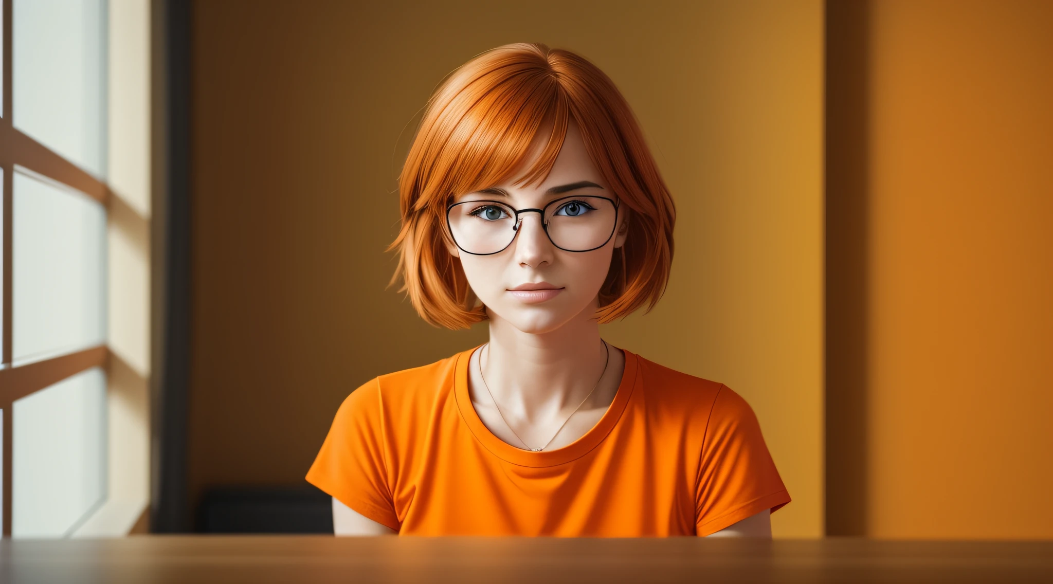 A 27-year-old female character wearing beautiful orange glasses and wearing a plain orange mesh T-shirt, in an agency with orange walls, very short and spiky orange brown hair, slim body, looking at the camera, cinematic lighting, shallow depth of field, 8k UHD, DSLR, 35mm 1.8 lens, masterpiece, high quality, photorealistic,  realism, hyperrealism, art photography --auto --s2