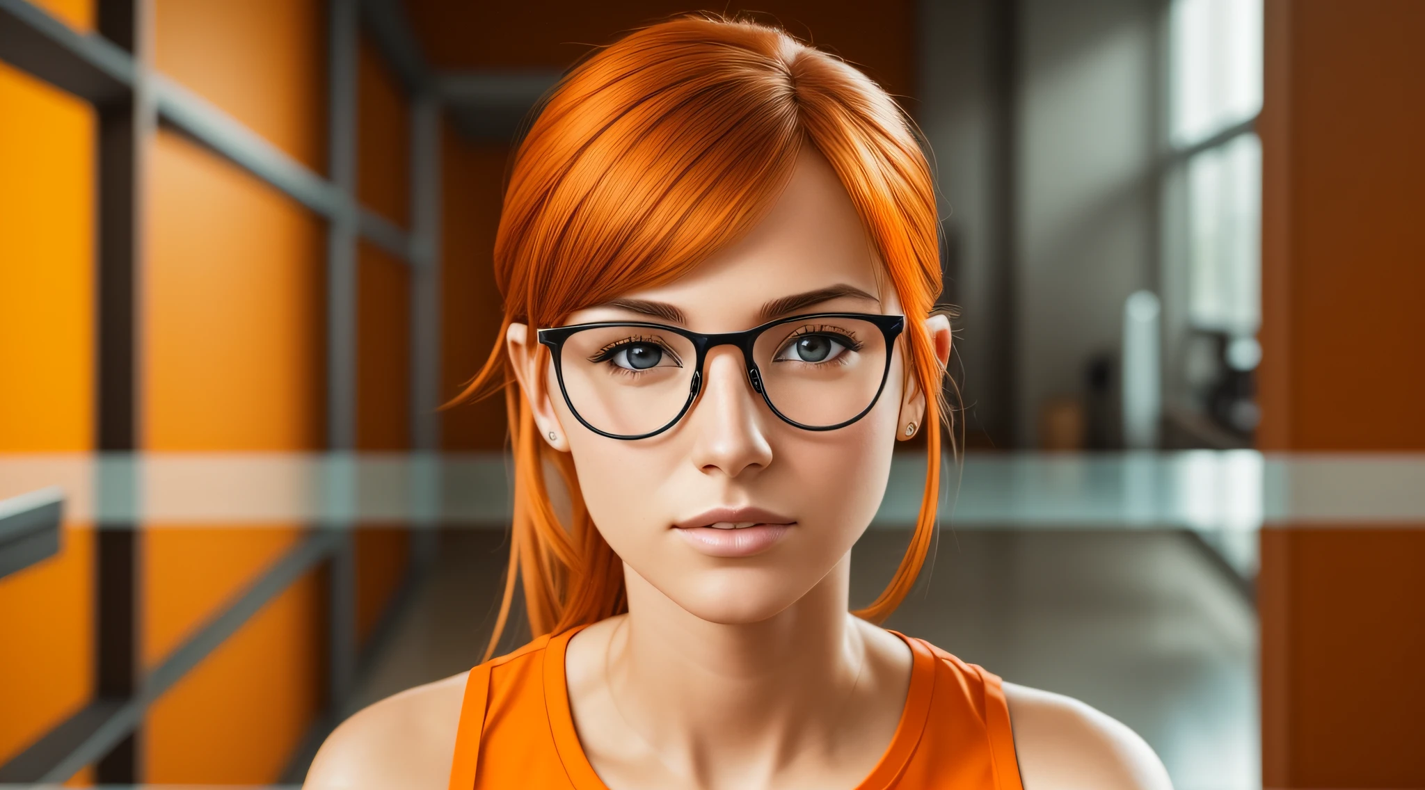 A 27-year-old female character wearing beautiful orange glasses and wearing a plain orange mesh T-shirt, in an agency with orange walls, very short and spiky orange brown hair, slim body, looking at the camera, cinematic lighting, shallow depth of field, 8k UHD, DSLR, 35mm 1.8 lens, masterpiece, high quality, photorealistic, realism, hyperrealism, art photography --auto --s2