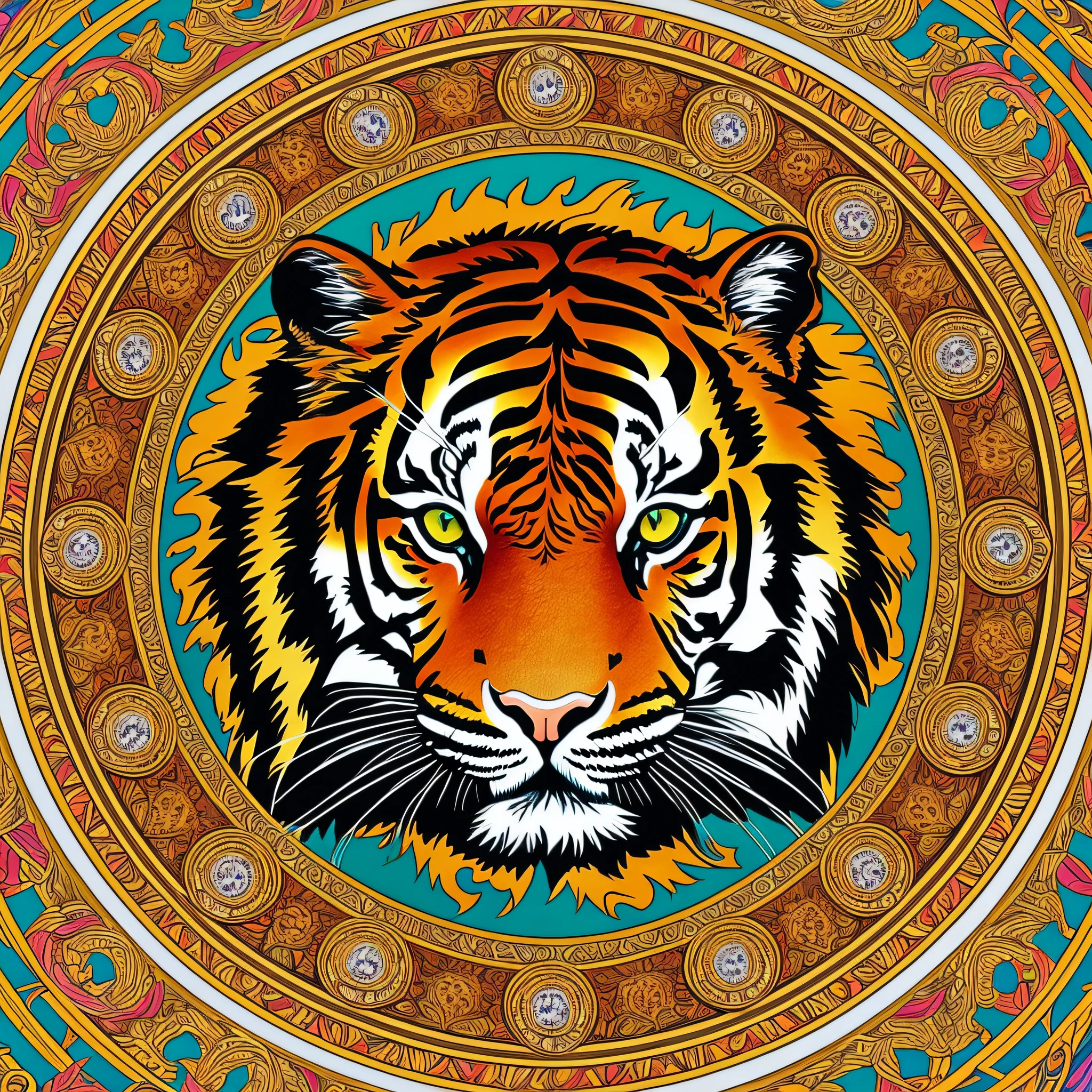 a colorful drawing of a tiger's head in a circular frame, highly detailed and hypnotic, symmetrical and detailed, intricate detailed digital art, highly detailed, highly detailed and ornate line, --auto --s2