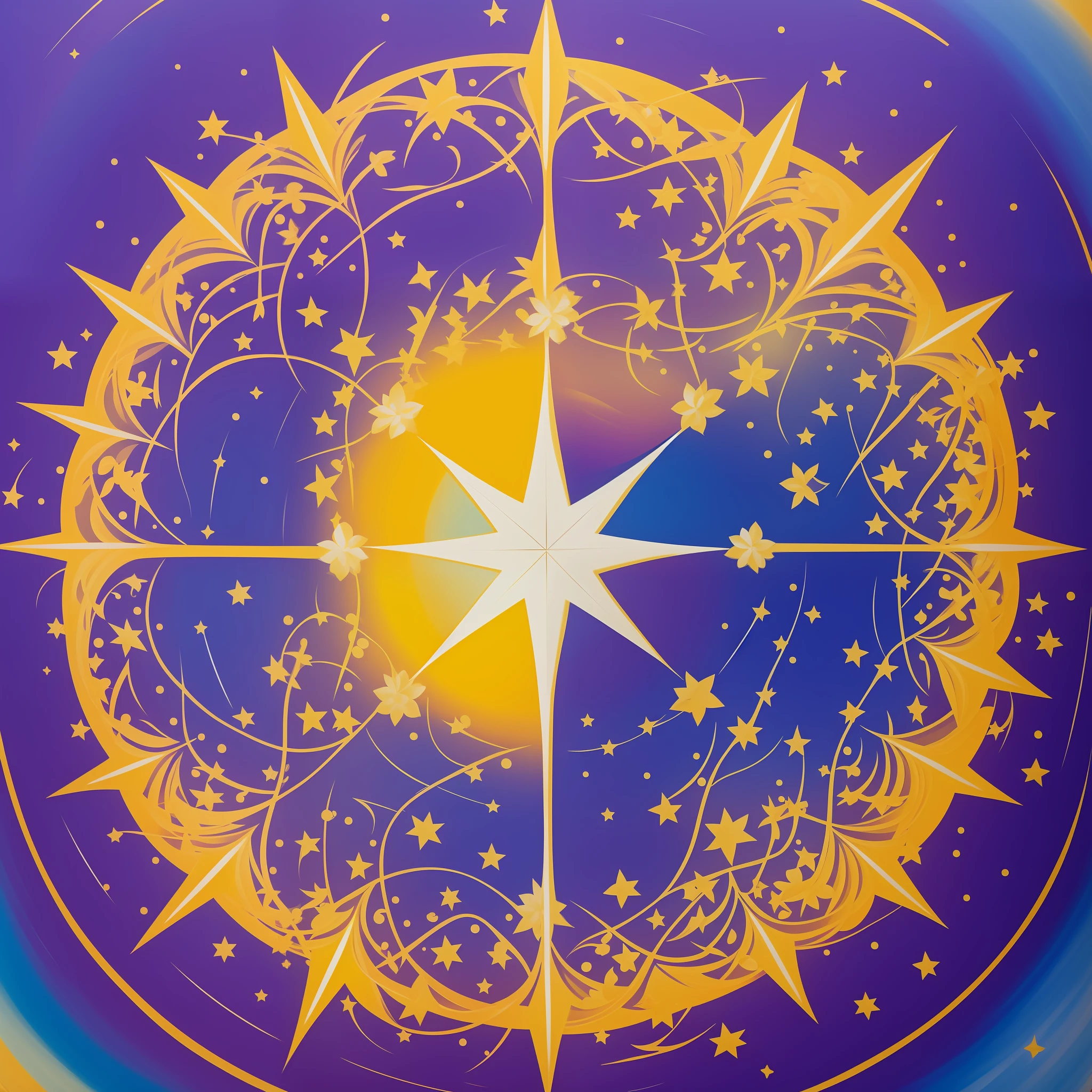 Start with a night background, representing the darkness of the search for balance. Use shades of dark blue and deep purple to create a mysterious and serene atmosphere. Add small twinkling stars to the sky, representing the possibilities and orientation that the guide star offers.

In the center of the painting, paint a bright, radiant star, representing the guiding star. Highlight it by using warmer colors, such as yellow and gold, to convey its importance and the light it radiates. Add delicate details to emphasize the brightness and motion of the star.

Around the guiding star, paint elements that represent balance and harmony. You can include symbols like yin-yang, representing duality and the interconnection between complementary opposites. Add natural elements such as flowers, plants and animals in harmony to convey the feeling of balance in nature.

Include a human figure in a serene and balanced pose, representing the personal search for inner harmony. Paint it in soft and delicate tones, with calm and contemplative expression, conveying the feeling of inner peace achieved through balance.

Use soft, fluid brushstrokes to create a sense of movement and fluidity in painting, conveying the idea that balance is a continuous and dynamic process. Mix colors harmoniously and use pastel tones to convey a sense of softness and serenity.

Finish the painting with touches of brightness and light around the guiding star, highlighting its role as a spiritual guide and source of inspiration. Use subtle details to represent the connection between the divine and the earthly, emphasizing the idea that the search for balance and harmony is rooted in something greater than ourselves.