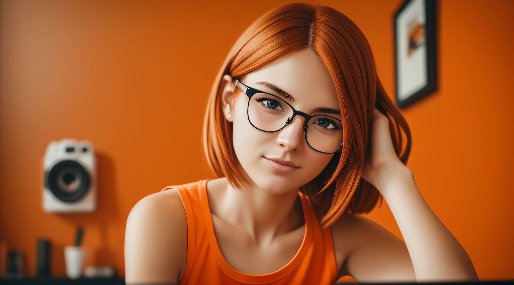 A 27-year-old female character wearing beautiful orange glasses and wearing a plain orange mesh T-shirt, in an agency with orange walls, very short and spiky orange brown hair, slim body, looking at the camera, cinematic lighting, shallow depth of field, 8k UHD, DSLR, 35mm 1.8 lens, masterpiece, high quality, photorealistic, realism, hyperrealism, art photography --auto --s2