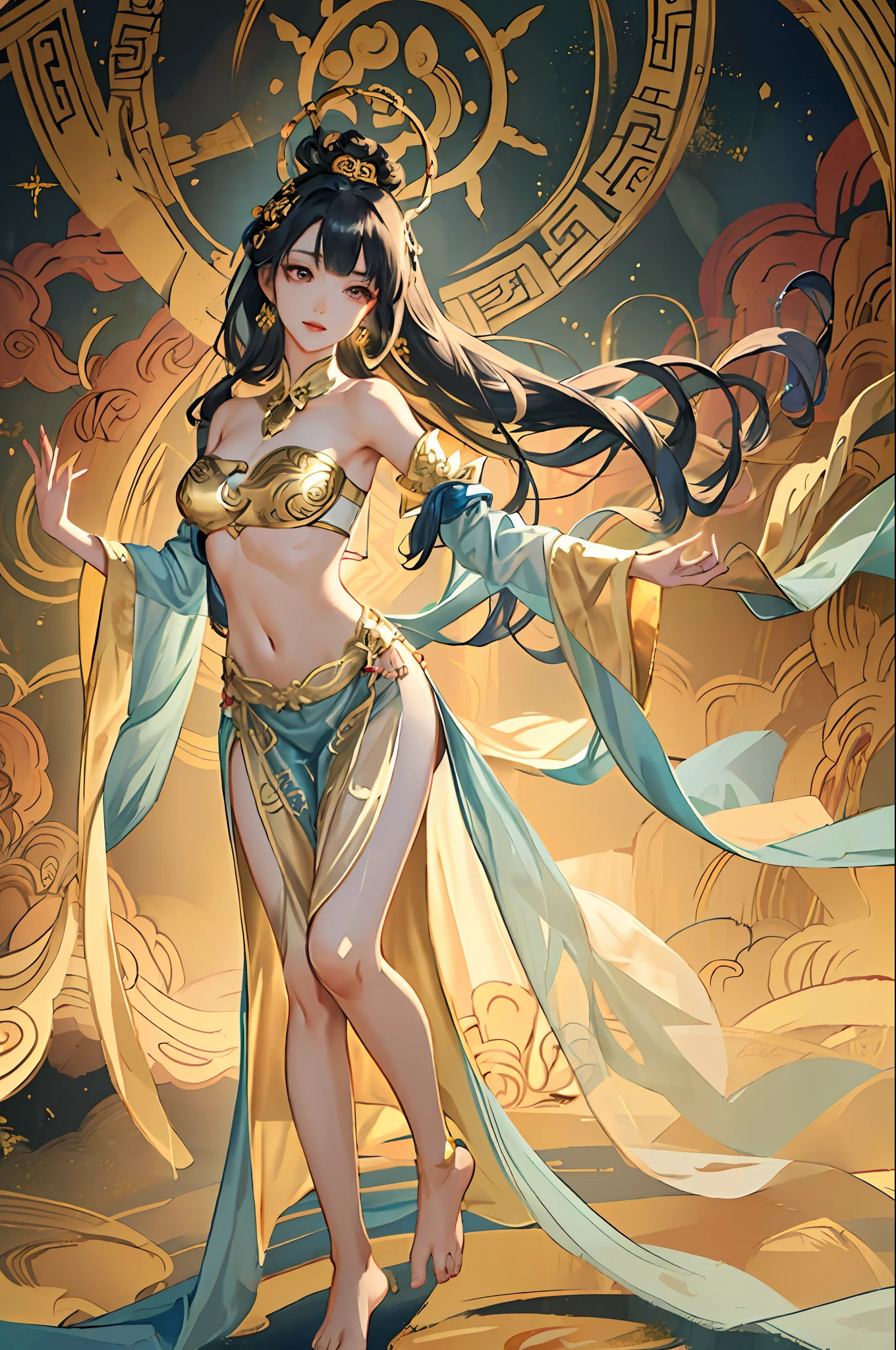 8K raw photo, Best quality, masterpiece, ultra high res, (zentangle, mandala, tangle, entangle),colorful,(photorealistic:1.4), raw photo, 1girl, offshoulder, outdoors,tall female, skinny, slim_legs, solo,(perfect body shape),holy light,gold foil,gold leaf art,glitter drawing,fly high in the sky ,(full body),long hair, (see-through:1.3), ((revealing clothes)), ((barefoot)), medium breasts, earrings, ((dress)), no bra, ((bare shoulders)), very long hair, no panties, black hair, ((detached sleeves)), ((side slit)), bare, dunhuang_cloths,dunhuang_dress,traditional chinese hair style,Traditional Chinese hair ornament,cinema,Fei Tian Ji ,Propitious Clouds,chang'e, paradox,pure,soft smile,illustration,barefoot,(pelvic curtain),playful patterns, lively texture, dark blue hair, long hair, smile, joy, ((dancing)), ((blunt bangs)), ((inside gold palace))