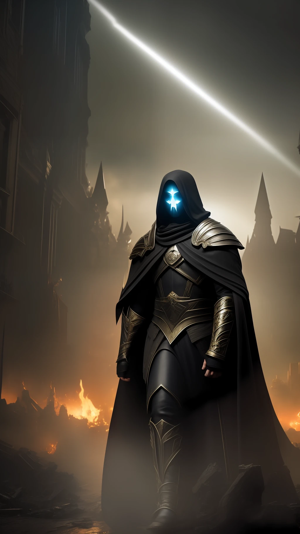 it features a dark planet called the Umbra, where the eternal battle between light and darkness takes place. The scene is dominated by dark tones and intense shadows, reflecting the oppression and fear that plague the kingdom.
In the center of the image, William, the power-hungry tyrant, is highlighted. His figure is shrouded in a black aura, accentuating his unforgiving nature. Illumination is scarce around him, emphasizing his dark and sinister influence on the torn kingdom.
Around William, the citizens of Umbra are depicted in the shadows, their expressions marked by fear and oppression. The lack of light only partially illuminates their faces, revealing the sadness and resignation that live under the shadow of darkness.
In the landscape in the background, the lighting is minimal, highlighting the wreckage and devastation caused by William's reign. The sky shrouded in dark clouds hides the sunlight, amplifying the sense of hopelessness and desolation.
However, even in this gloomy environment, faint rays of light begin to appear on the horizon. They represent the hope and possibility of imminent change. These fragile rays of light partially illuminate the scene, creating a striking contrast with the dominant shadows and symbolizing the dawn of hope amid the darkness.
The carefully applied lighting in the cover illustration of Chapter 1 conveys the oppressive and dark atmosphere of the kingdom of Umbra, highlighting the figure of the tyrant and the scant rays of light that indicate the possibility of redemption and transformation. --auto --s2