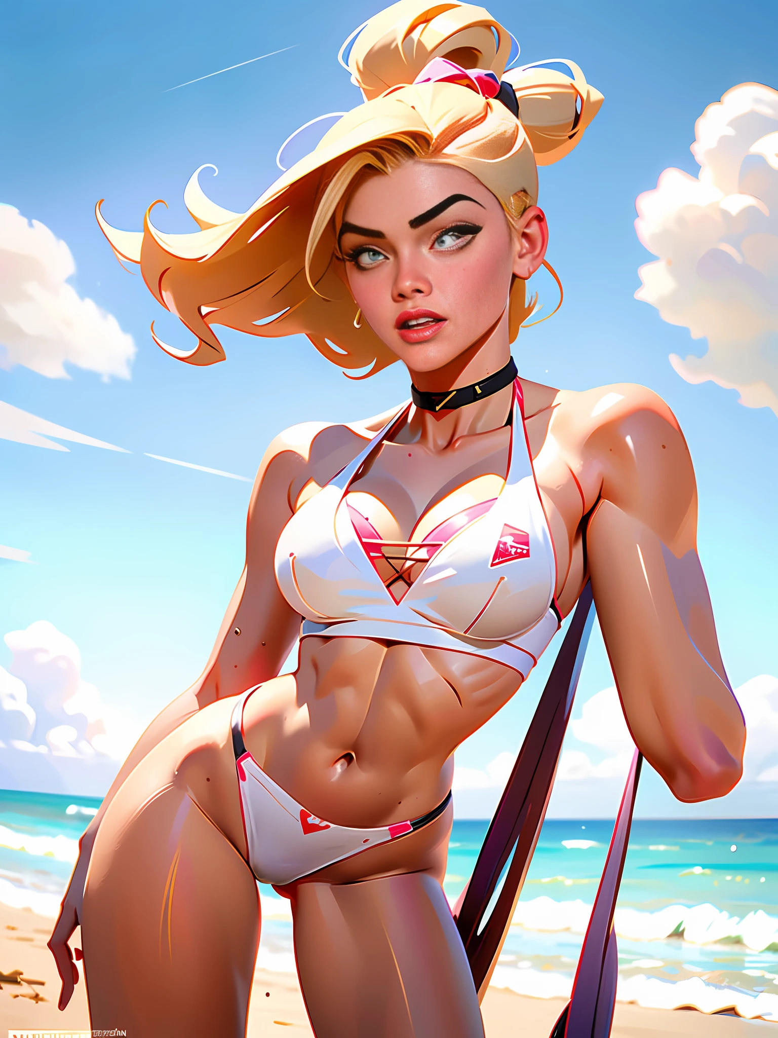 (high quality, best rendering), (beautiful girl, Ana Nicole Smith), (bombshell, pin-up style), transparent wet bikini, yummy, perfect body, sculptural. fitness, deserted beach, almost naked, psychopath, crazy face, sexy pose, 2 piece clothing, pastel, centered, scale to fit dimensions, micro thong, micro bikini, camel toe