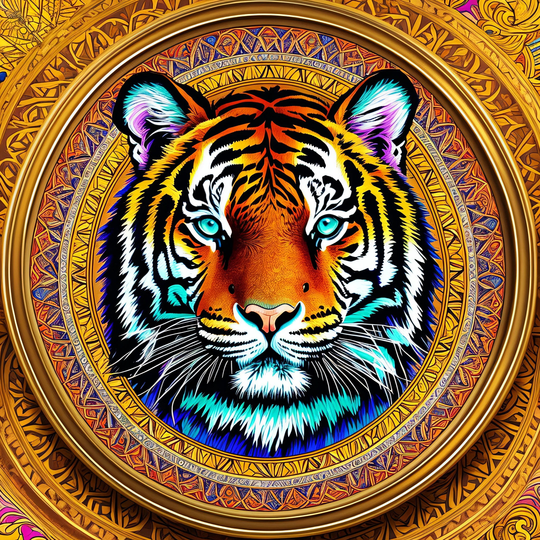 a colorful drawing of a tiger's head in a circular frame, highly detailed and hypnotic, symmetrical and detailed, intricate detailed digital art, highly detailed, highly detailed and ornate line, --auto --s2