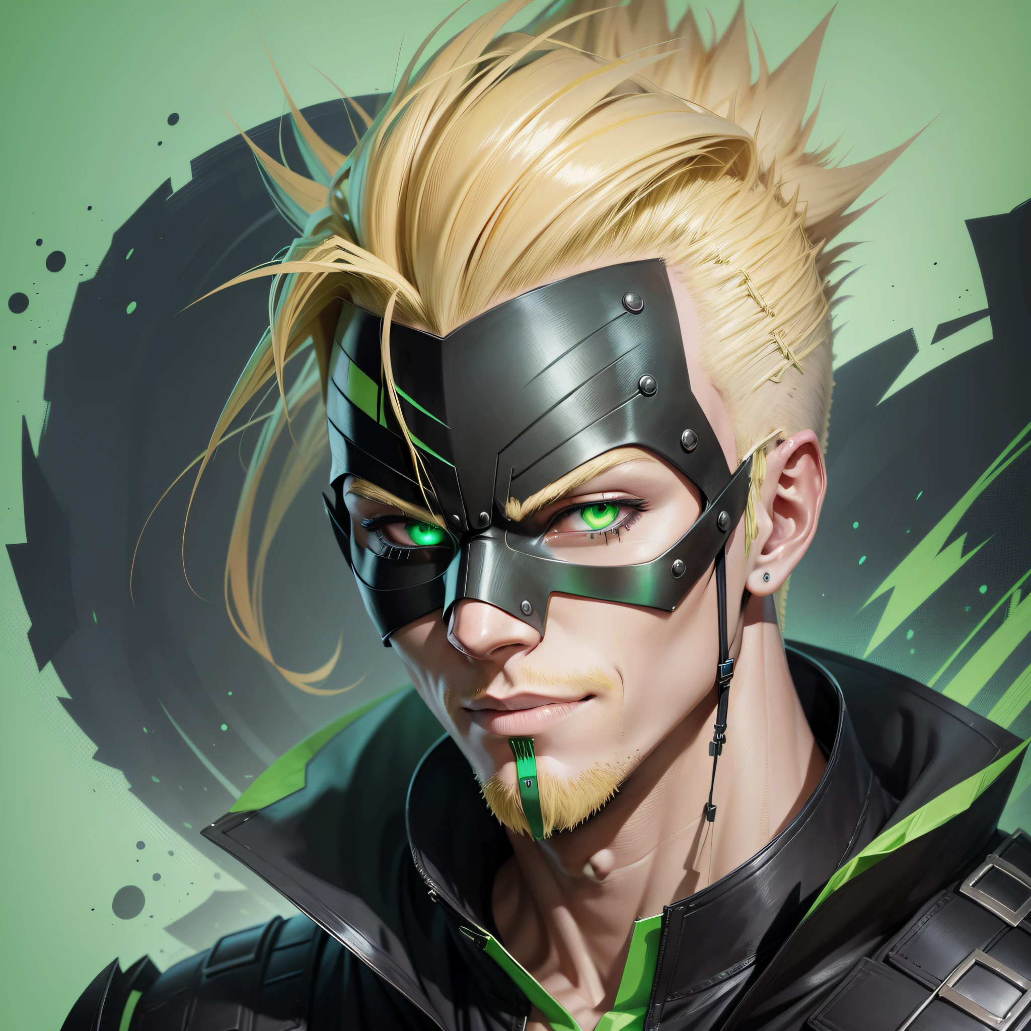 - An avatar A blond, mohawk man wearing a black mask with X-shaped eyes, green and bright, a bright green smile. ! IMPORTANT!: bleach style, 300dpi, 4k