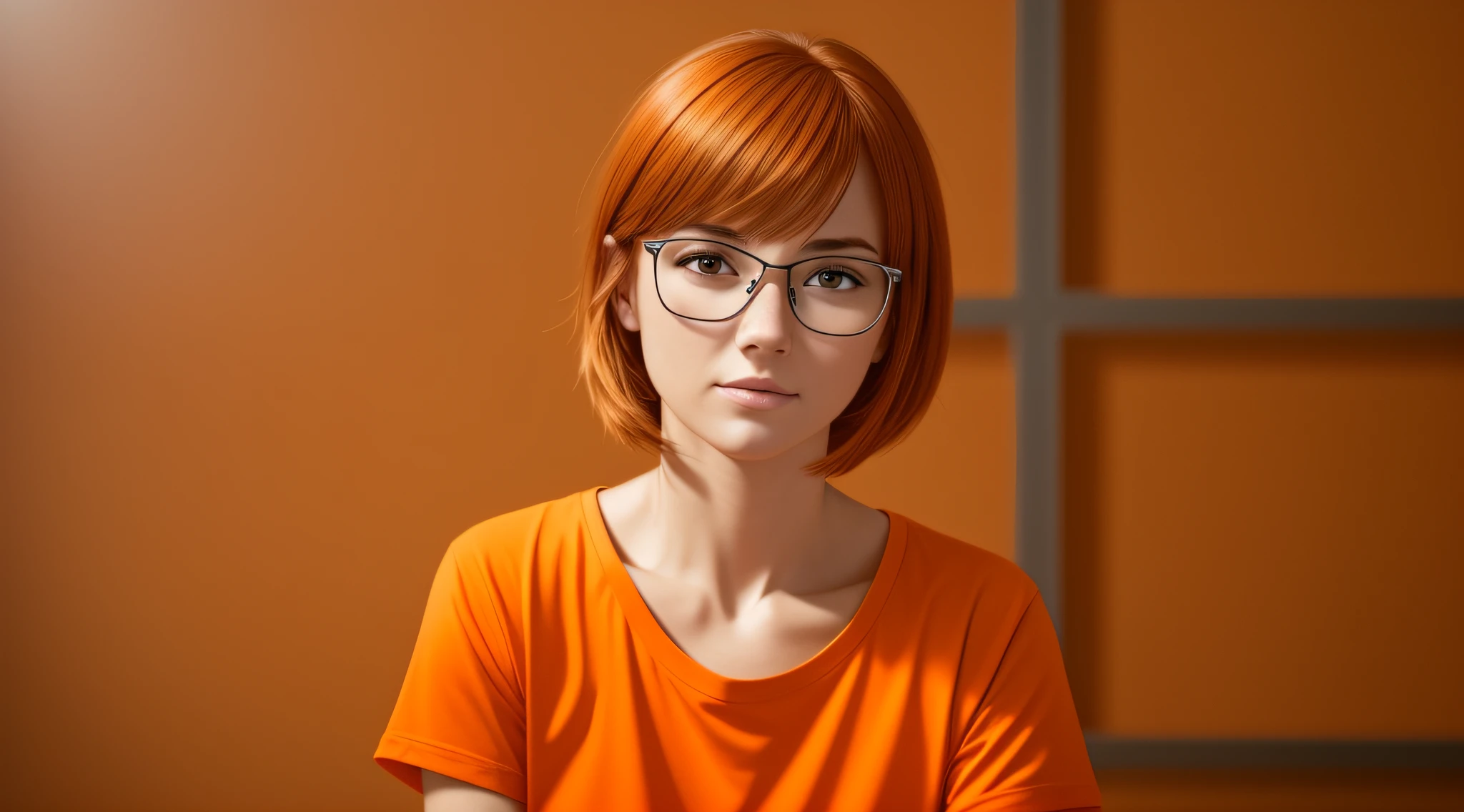 A 27-year-old female character wearing beautiful orange glasses and wearing a plain orange mesh T-shirt, in an agency with orange walls, very short and spiky orange brown hair, slim body, looking at the camera, cinematic lighting, shallow depth of field, 8k UHD, DSLR, 35mm 1.8 lens, masterpiece, high quality, photorealistic, realism, hyperrealism, art photography --auto --s2
