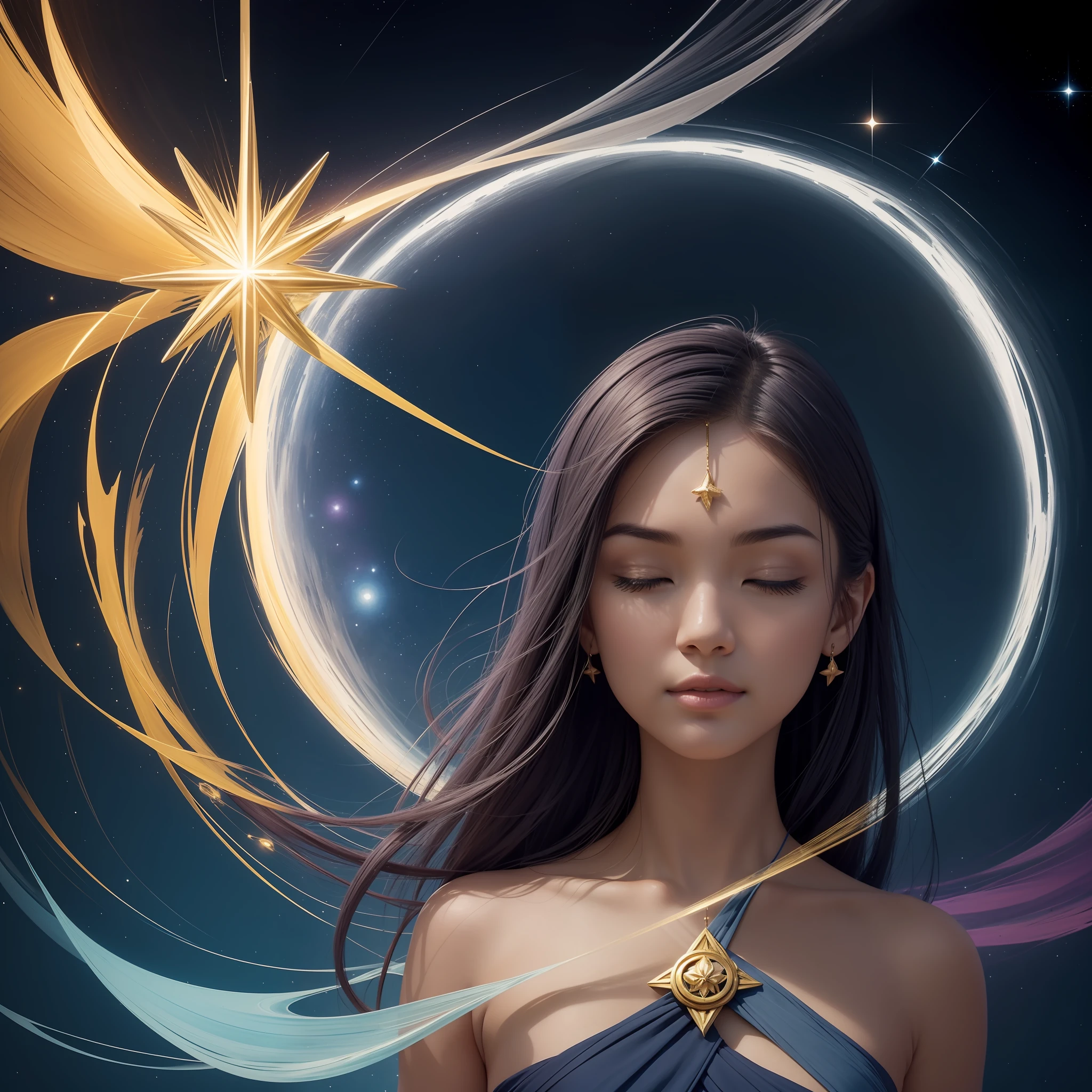 Start with a night background, representing the darkness of the search for balance. Use shades of dark blue and deep purple to create a mysterious and serene atmosphere. Add small twinkling stars to the sky, representing the possibilities and orientation that the guide star offers.

In the center of the painting, paint a bright, radiant star, representing the guiding star. Highlight it by using warmer colors, such as yellow and gold, to convey its importance and the light it radiates. Add delicate details to emphasize the brightness and motion of the star.

Around the guiding star, paint elements that represent balance and harmony. You can include symbols like yin-yang, representing duality and the interconnection between complementary opposites. Add natural elements such as flowers, plants and animals in harmony to convey the feeling of balance in nature.

Include a human figure in a serene and balanced pose, representing the personal search for inner harmony. Paint it in soft and delicate tones, with calm and contemplative expression, conveying the feeling of inner peace achieved through balance.

Use soft, fluid brushstrokes to create a sense of movement and fluidity in painting, conveying the idea that balance is a continuous and dynamic process. Mix colors harmoniously and use pastel tones to convey a sense of softness and serenity.

Finish the painting with touches of brightness and light around the guiding star, highlighting its role as a spiritual guide and source of inspiration. Use subtle details to represent the connection between the divine and the earthly, emphasizing the idea that the search for balance and harmony is rooted in something greater than ourselves.