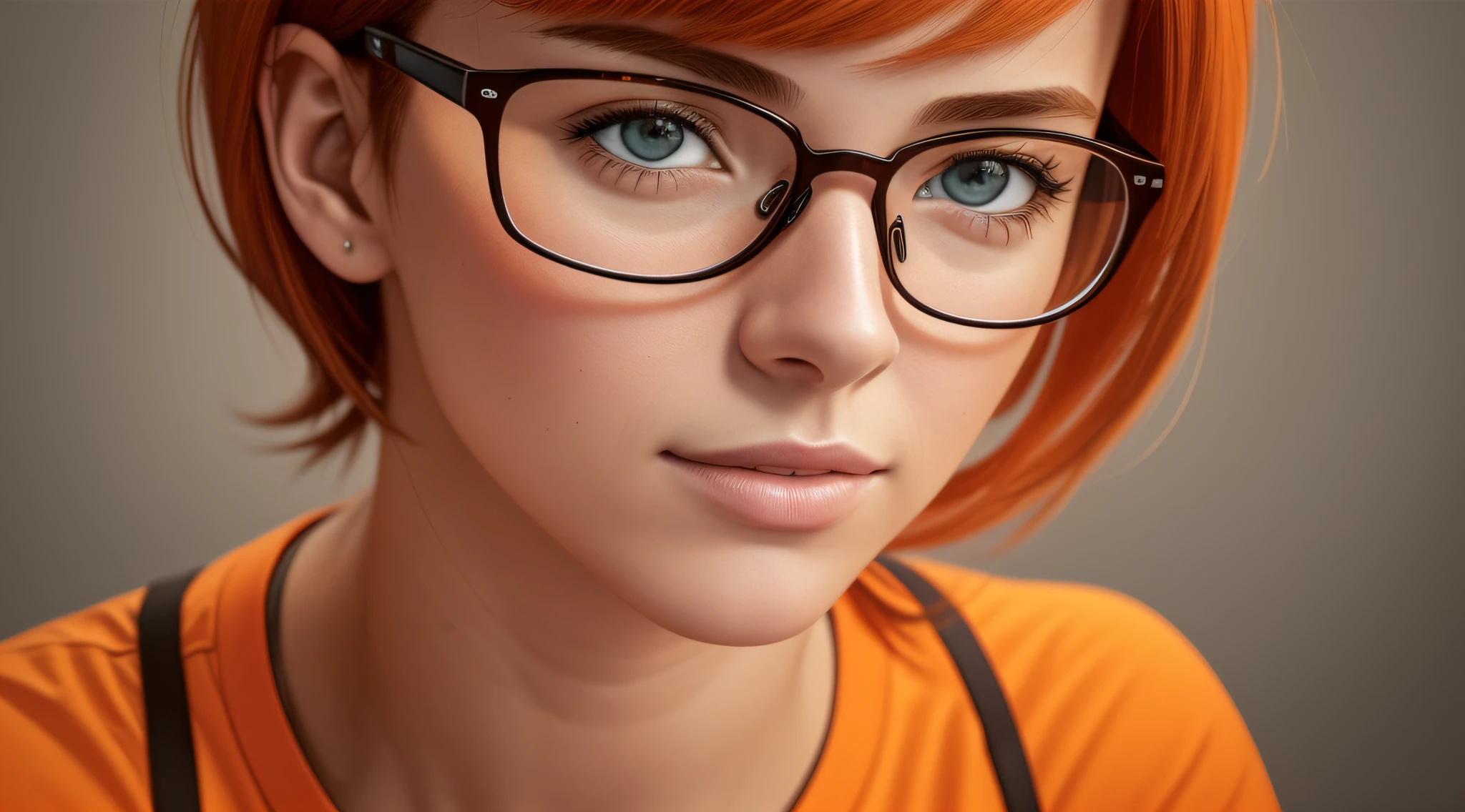 A 27-year-old female character wearing beautiful orange glasses and wearing a plain orange mesh T-shirt, in an agency with orange walls, very short and spiky orange brown hair, slim body, looking at the camera, cinematic lighting, shallow depth of field, 8k UHD, DSLR, 35mm 1.8 lens, masterpiece, high quality, photorealistic,  realism, hyperrealism, art photography --auto --s2