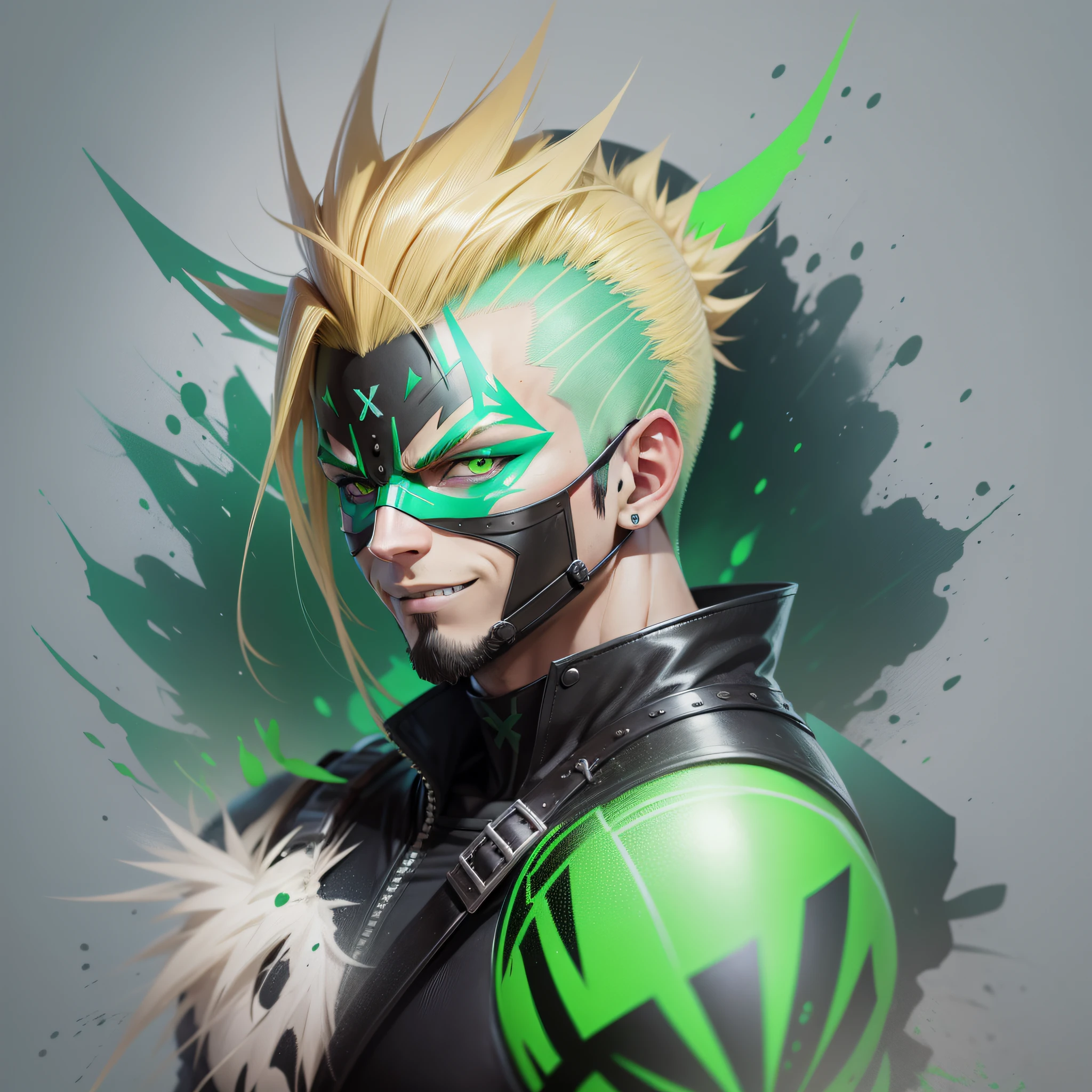 - An avatar A blond, mohawk man wearing a black mask with X-shaped eyes, green and bright, a bright green smile. ! IMPORTANT!: bleach style, 300dpi, 4k