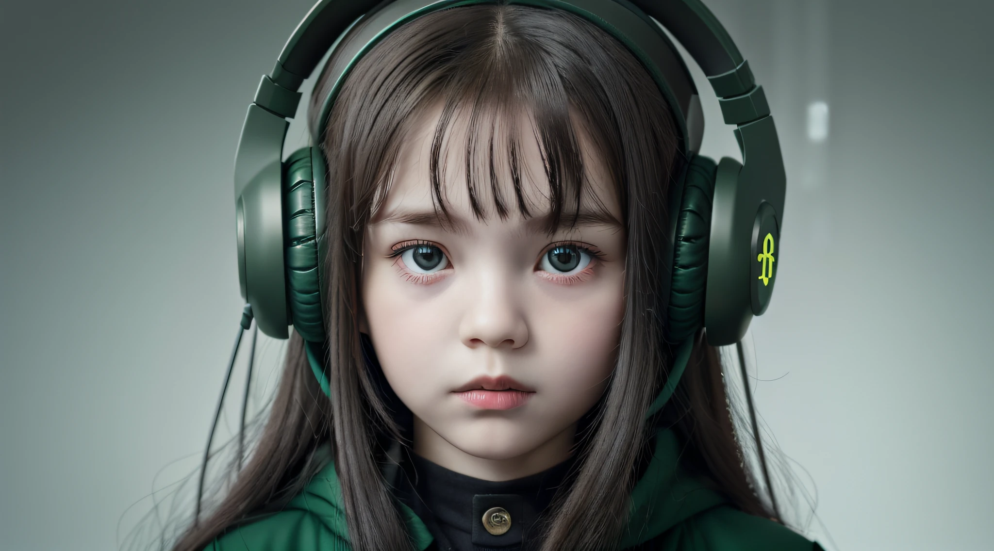 Russian  girl long dark hair straight, put on headphone jack and change into a cyberpunk green coat but do not change the face, gray background. --auto --s2