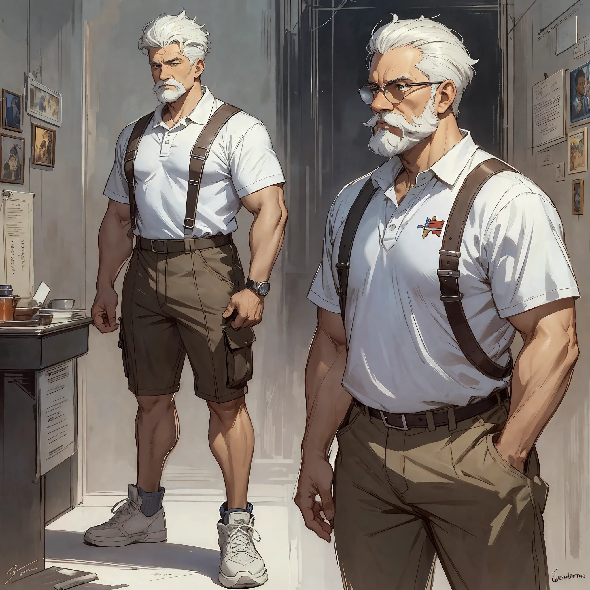 Best quality, 1 adult man, character sheet, concept art, (full body, masterpiece: 1.2), (best quality: 1.3), ordinary Afro-American black man, short white hair, white beard and moustach, 1 overweight man on his 60s, wearing a cargo shorts, fancy sneakers and polo shirt, winner attitude pose, with short white hair, assorted poses, in the style of Norman Rockwell, JC Leyendecker, Jordan Grimmer, soft pastel colors, intricate, elegant, highly detailed, digital painting, art station, concept art. --auto --s2