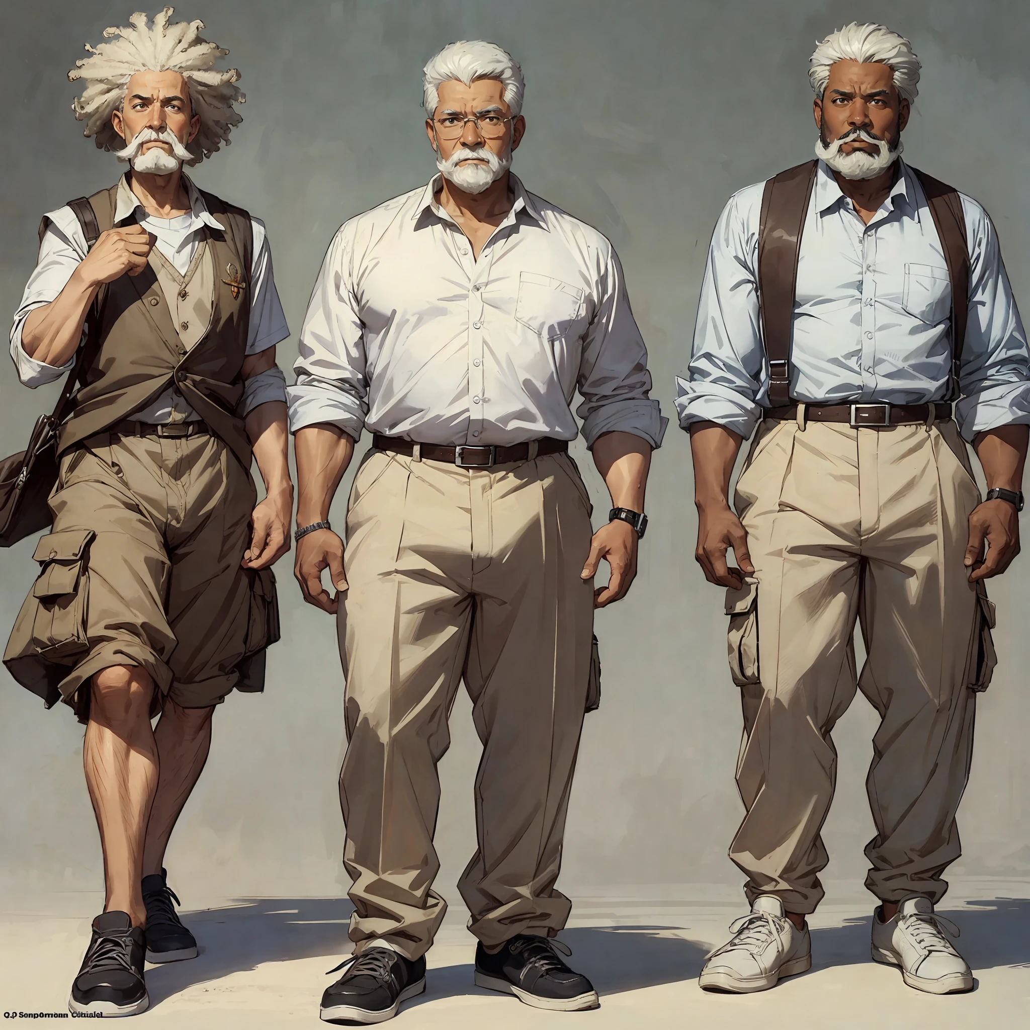 Best quality, 1 adult man, character sheet, concept art, (full body, masterpiece: 1.2), (best quality: 1.3), ordinary Afro-American black man, short white hair, white beard and moustach, 1 overweight man on his 60s, wearing a cargo shorts, fancy sneakers and polo shirt, winner attitude pose, with short white hair, assorted poses, in the style of Norman Rockwell, JC Leyendecker, Jordan Grimmer, soft pastel colors, intricate, elegant, highly detailed, digital painting, art station, concept art. --auto --s2
