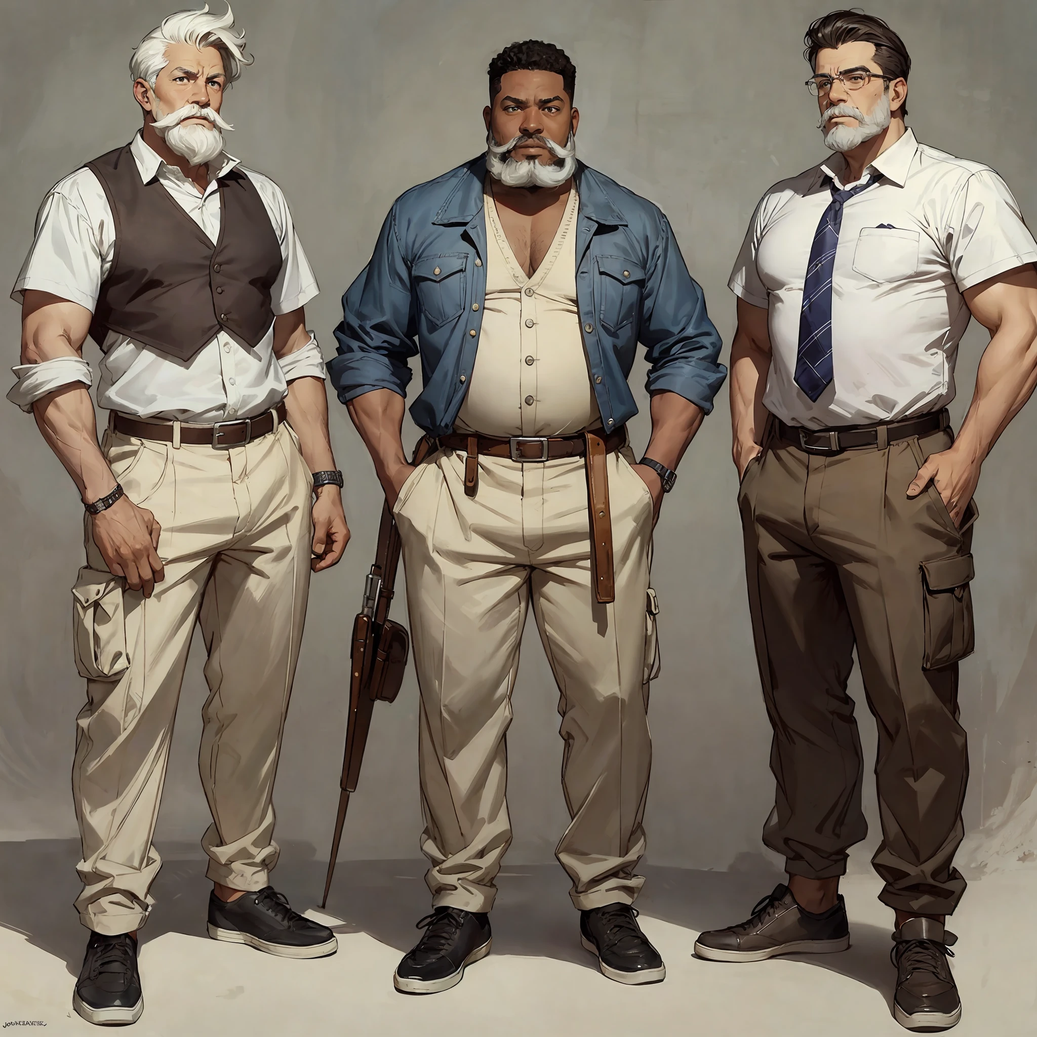 Best quality, 1 adult man, character sheet, concept art, (full body, masterpiece: 1.2), (best quality: 1.3), ordinary Afro-American black man, short white hair, white beard and moustach, 1 overweight man on his 60s, wearing a cargo shorts, fancy sneakers and polo shirt, winner attitude pose, with short white hair, assorted poses, in the style of Norman Rockwell, JC Leyendecker, Jordan Grimmer, soft pastel colors, intricate, elegant, highly detailed, digital painting, art station, concept art. --auto --s2