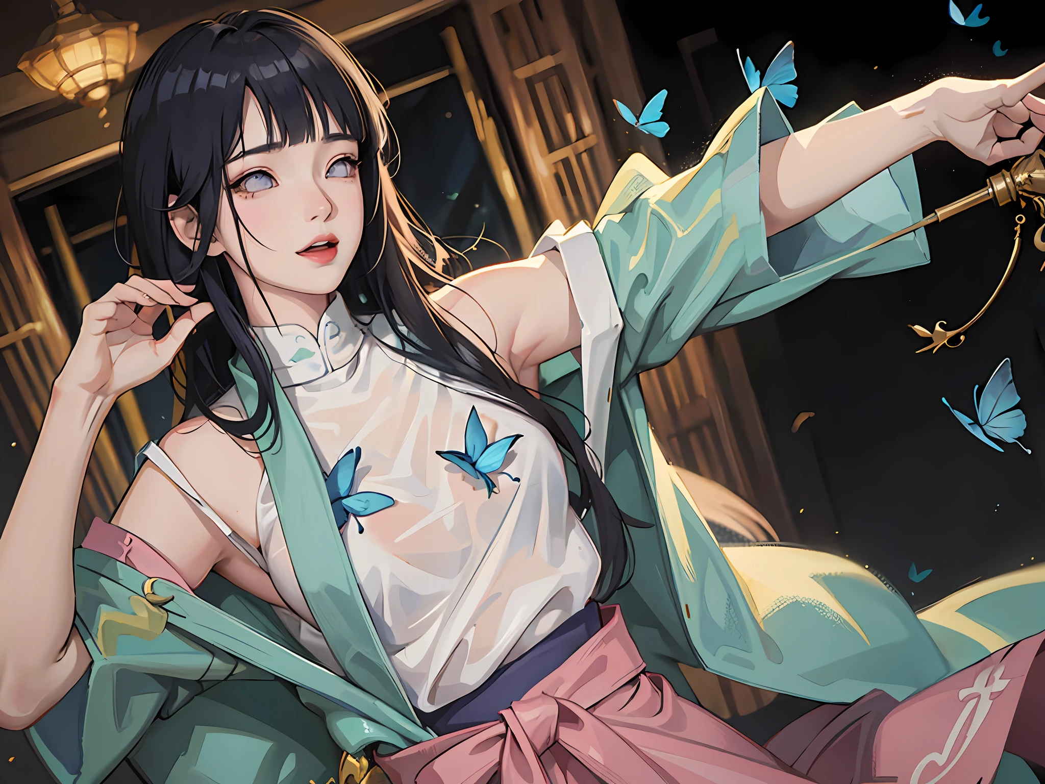 (RAW Photo, Best Quality), (Realistic, Photo Real: 1.3), Best Quality, Highly Detailed, Masterpiece, Ultra Detailed, Illustration, 1 Girl, upper_body, Dynamic Angle, World Mastery Theater, messy_long_hair, Best Quality, Extremely Detailed CG Uniform 8k Wallpaper, Ink, Amazing, Sexy, Smile, Movie Lights, lens_flare, dunhuang_style, surrounded by blue butterflies, hinata/(boruto/), blunt bangs, long hair