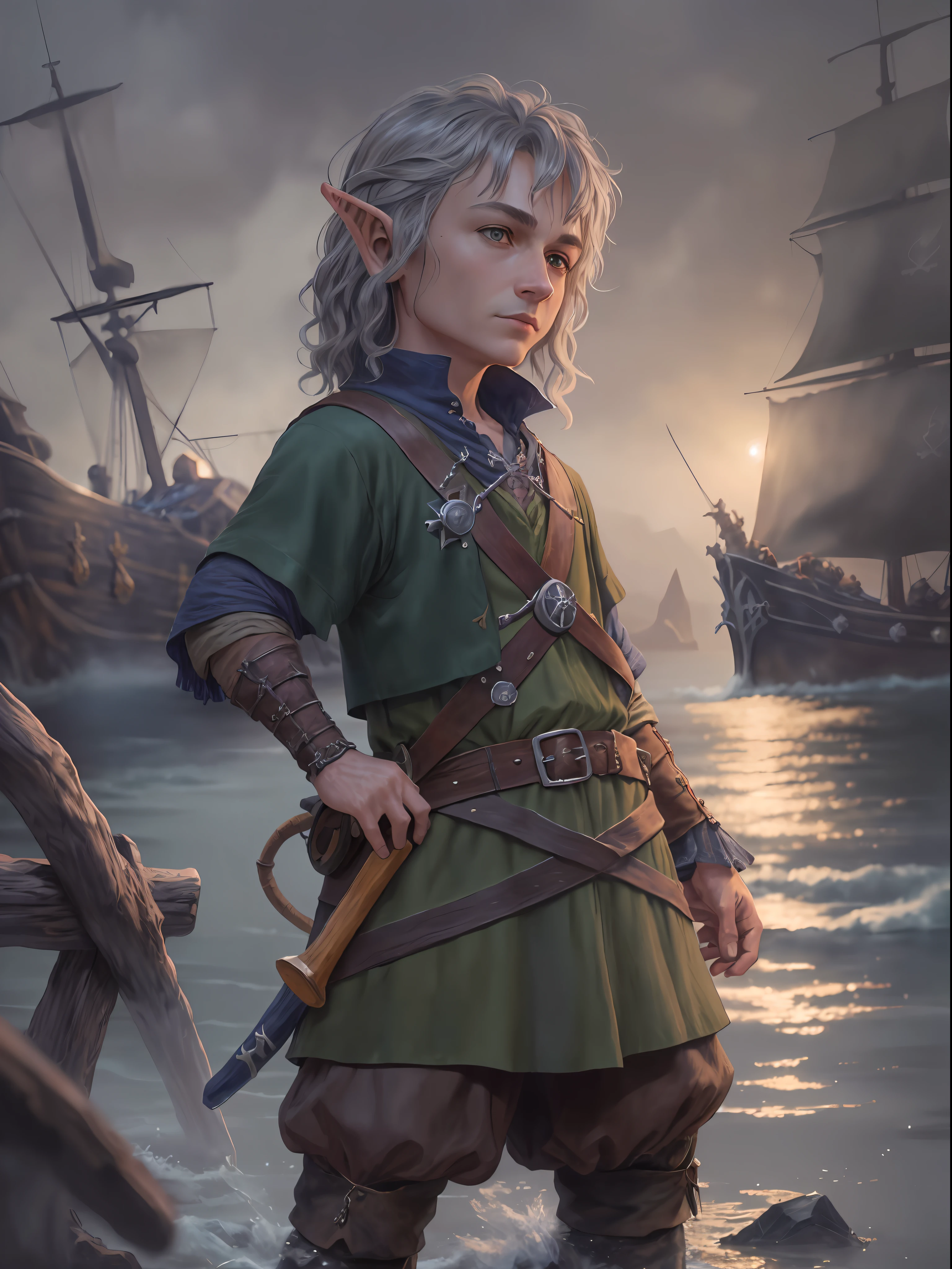 (highly detailed RAW color photo, masterpiece, ultra detailed), (medieval pirate theme:1.3), (full body:0.6), solo, 1 hobbit male (hobbit:1.5), young adult, handmade, rookie sailor, short in height, short and curly silver hair, brown eyes, (detailed eyes and detailed face), looking at the viewer, wearing navy blue rookie sailor uniform, winter night in the background, standing (aboard a ship:1.1), leather and skin winter cold weather, beautiful night of overcast sky (fog: 1.2) (rain: 1.1) (winter: 1.1) (masterpiece: 1.2) (illustration: 1.1) (best quality: 1.2) (detailed) (intricate) (8k) (HDR) (wallpaper) (cinematic lighting) (sharp focus) (photography, soft lighting of dark sky, soft details, octane, artstation trend, ultra high detail, ultra realistic, cinematic, 16k, digital art, art inspired by Dungeon and Dragons)