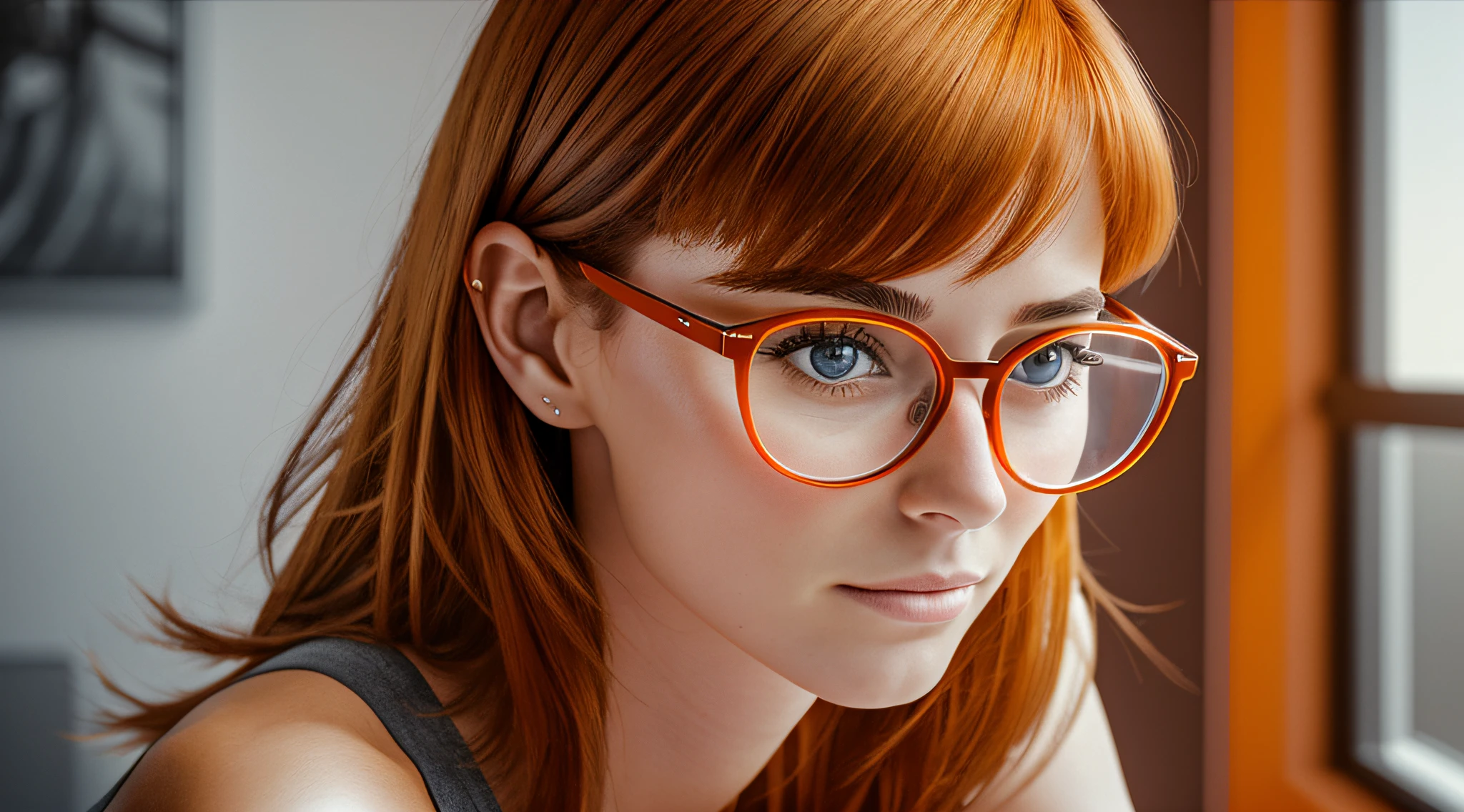 A 27-year-old female character wearing beautiful orange glasses and wearing a plain orange mesh T-shirt, in an agency with orange walls, very short and spiky orange brown hair, slim body, looking at the camera, cinematic lighting, shallow depth of field, 8k UHD, DSLR, 35mm 1.8 lens, masterpiece, high quality, photorealistic, realism, hyperrealism, art photography --auto --s2