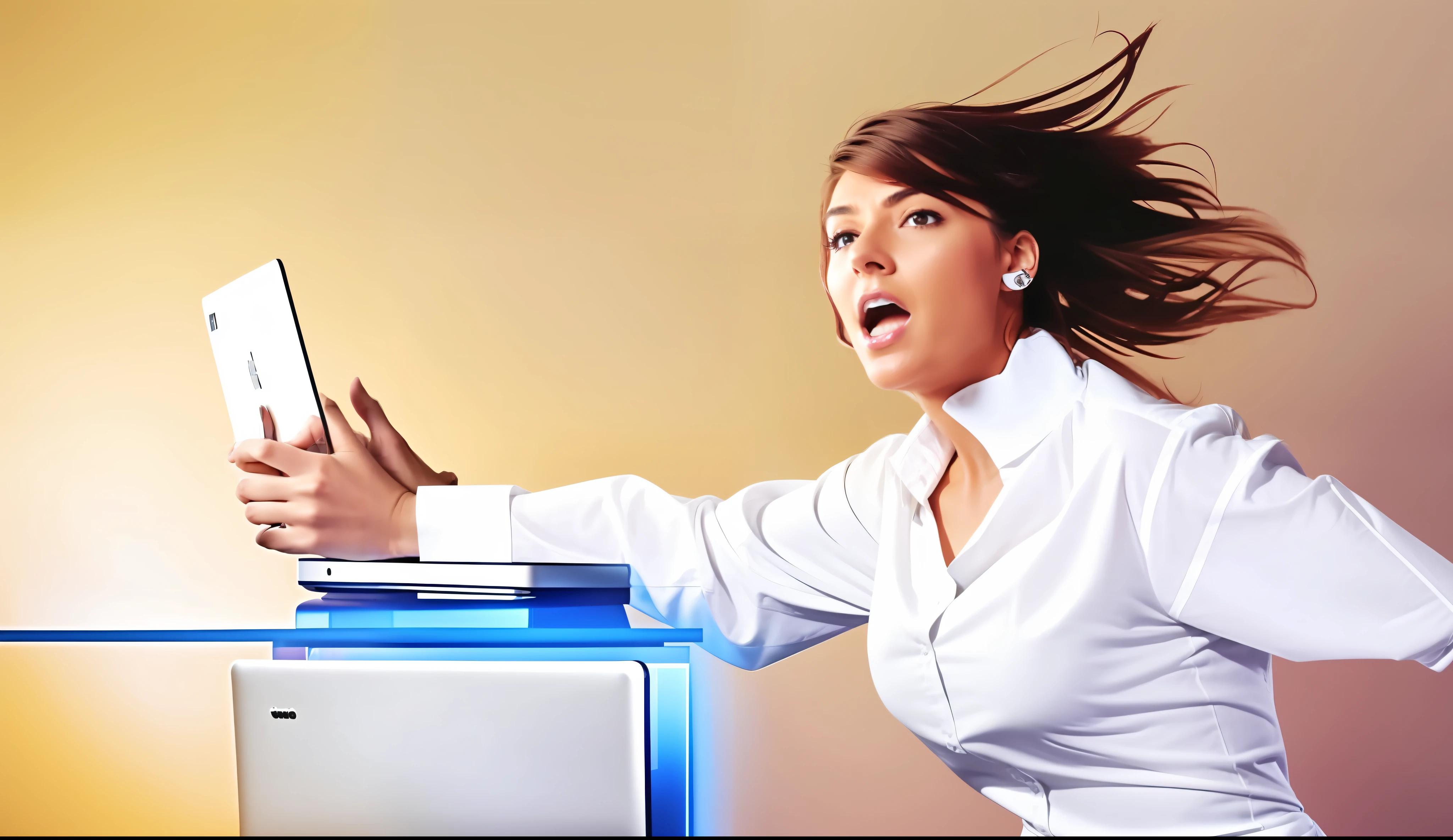 woman in white shirt with laptop and phone in air, very intense, promo shot, very dynamic, in front of a computer, excitement, menacing!!!, extremely strong wind, triumphant pose, serious composure, very award - winning, very excited, hair blowing, !!award-winning!!, unwind!, sassy pose, desperate pose, digitally enhanced, aggressive pose