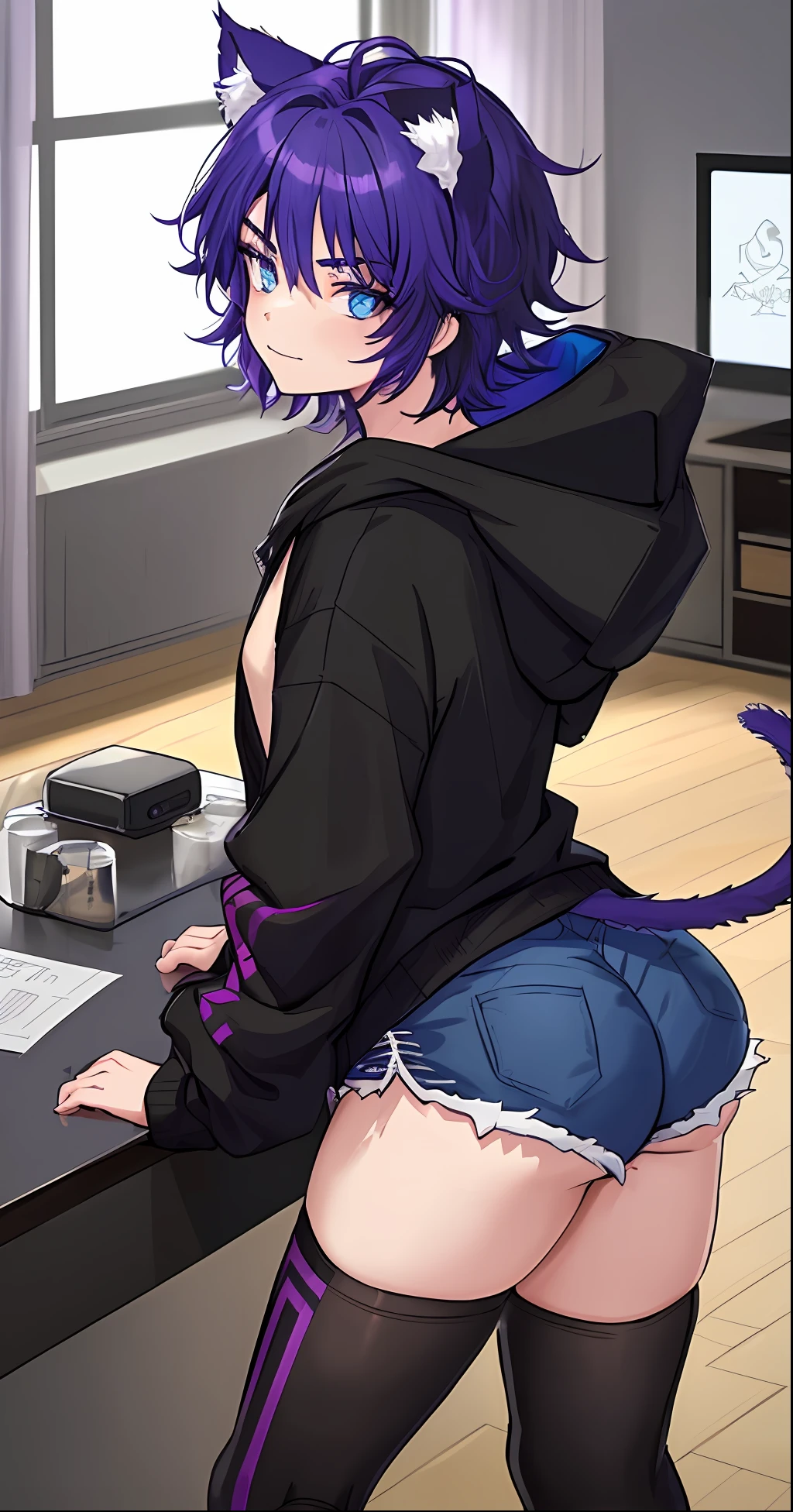 ((1boy)), sharp cat ears, fluffy cat tail, dark purple short messy hair, black hoodie, booty shorts, vibrant blue eyes, black thigh highs, masterpiece, good quality, butt facing the viewer, looking behind, smug, slightly nsfw, has a big butt and big thighs, living room setting
