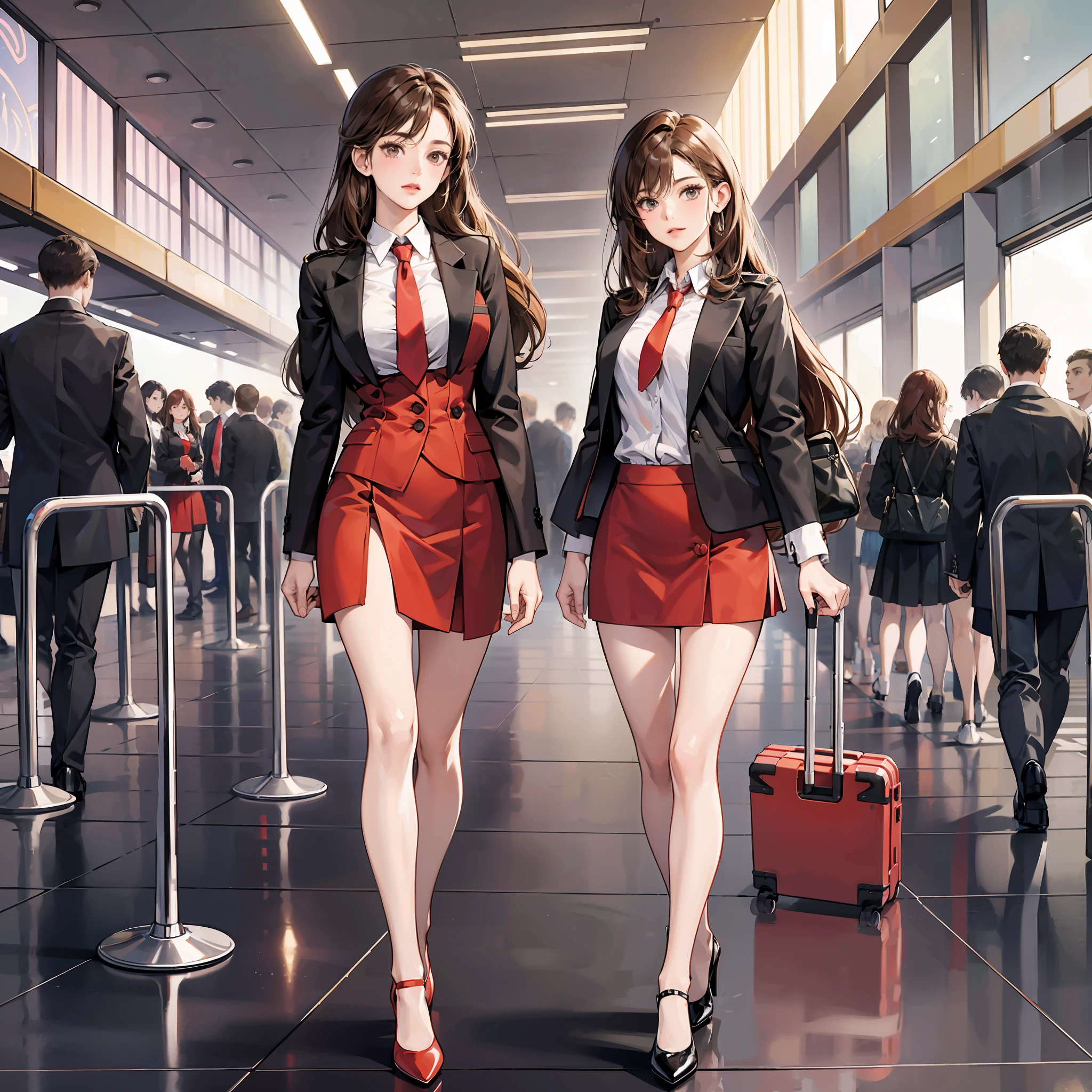 {{Mature female, caucasian}}, looking at viewer, hazel eyes, extremely detailed, medium breasts, brown hair, airport, flight attendant, uniform, red blazer, necktie, red skirt, medium skirt, high heels, happy, best quality, high quality, extremely detailed anime screencap, {{{{crowded, multiple girls, thousands of sisters, millions of sisters,billions of sisters, clone, doppelganger, matching outfit, matching hairstyle}}}} --auto --s2
