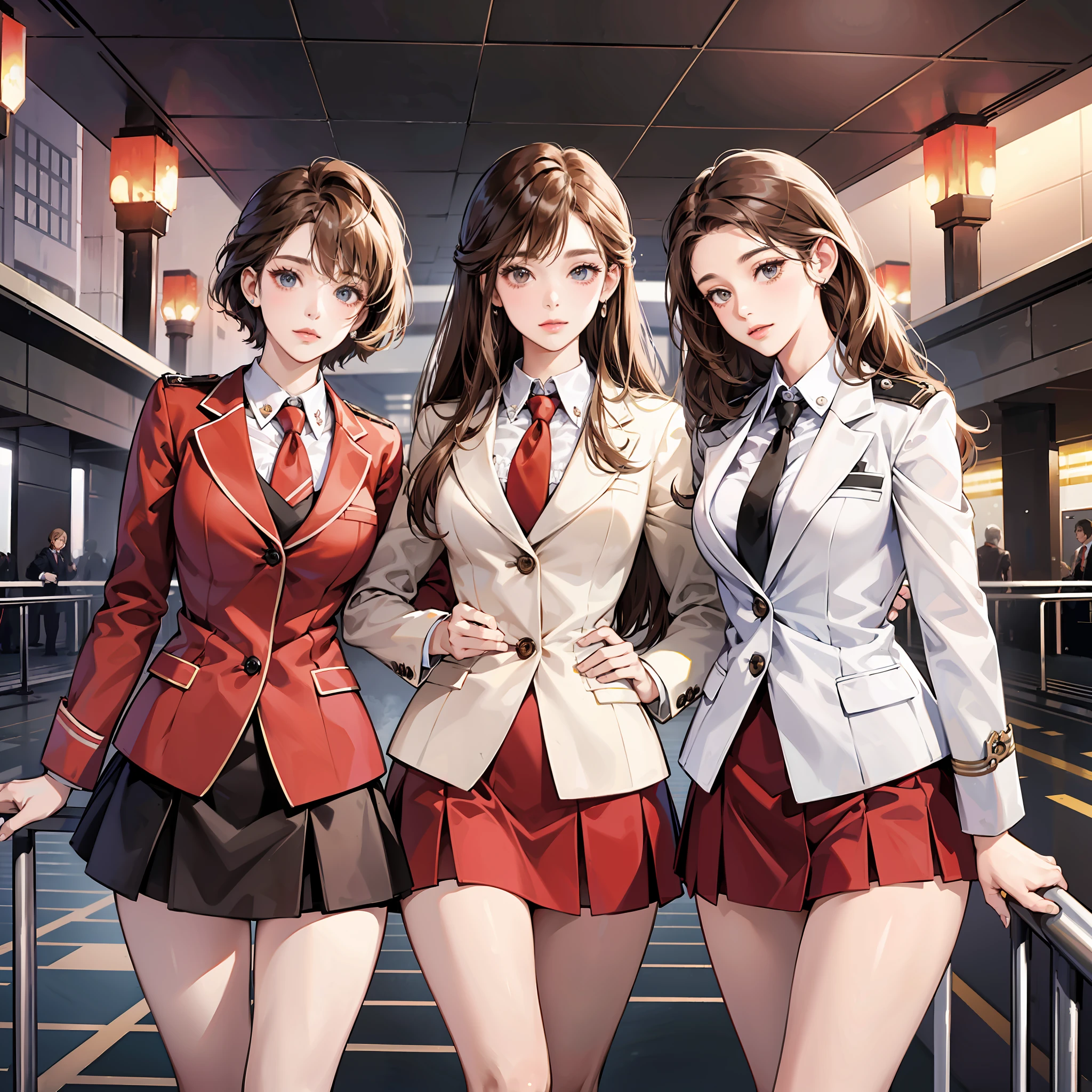 {{Mature female, caucasian}}, looking at viewer, hazel eyes, extremely detailed, medium breasts, brown hair, airport, flight attendant, uniform, red blazer, necktie, red skirt, medium skirt, high heels, happy, best quality, high quality, extremely detailed anime screencap, {{{{crowded, multiple girls, thousands of sisters, millions of sisters,billions of sisters, clone, doppelganger, matching outfit, matching hairstyle}}}} --auto --s2