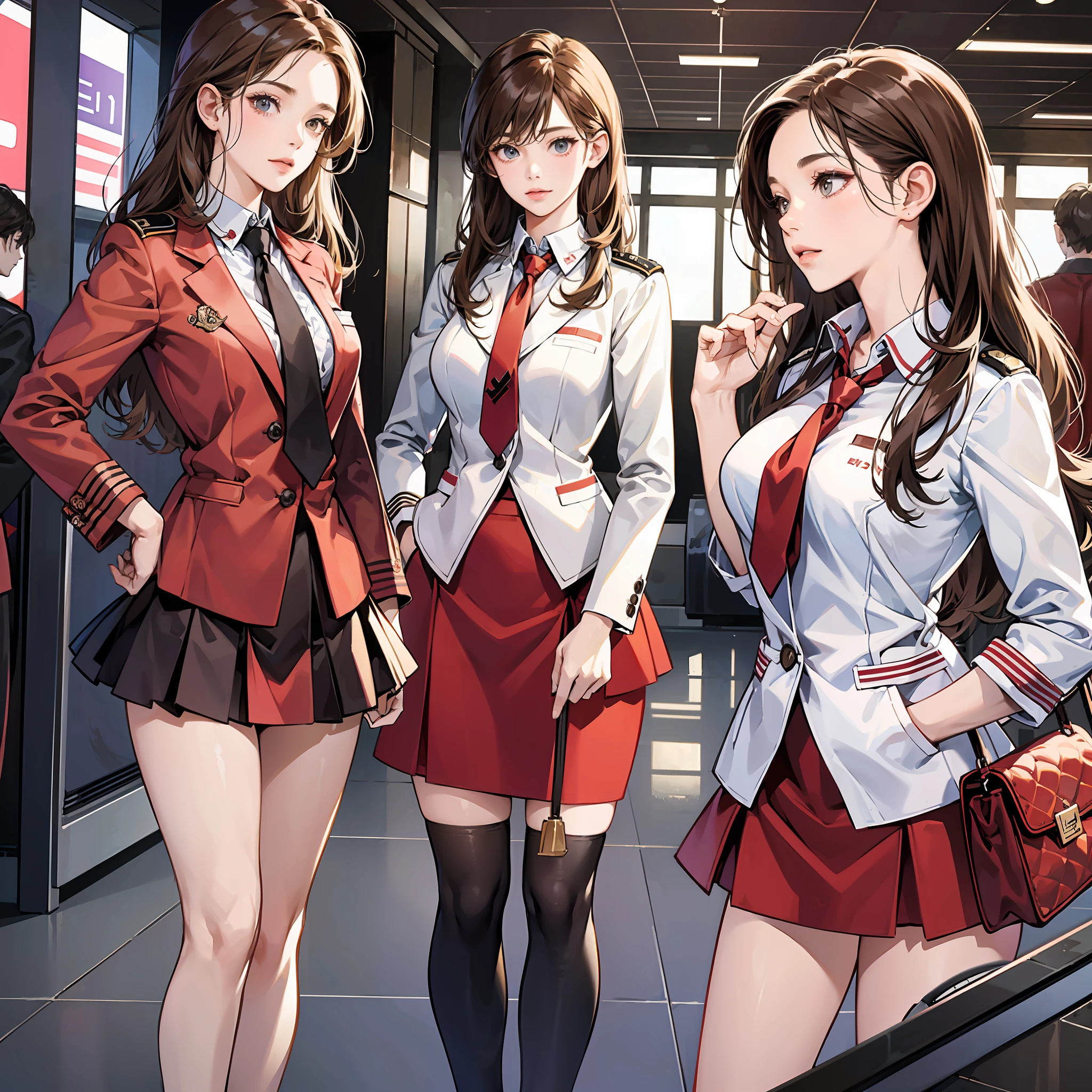 {{Mature female, caucasian}}, looking at viewer, hazel eyes, extremely detailed, medium breasts, brown hair, airport, flight attendant, uniform, red blazer, necktie, red skirt, medium skirt, high heels, happy, best quality, high quality, extremely detailed anime screencap, {{{{crowded, multiple girls, thousands of sisters, millions of sisters,billions of sisters, clone, doppelganger, matching outfit, matching hairstyle}}}} --auto --s2