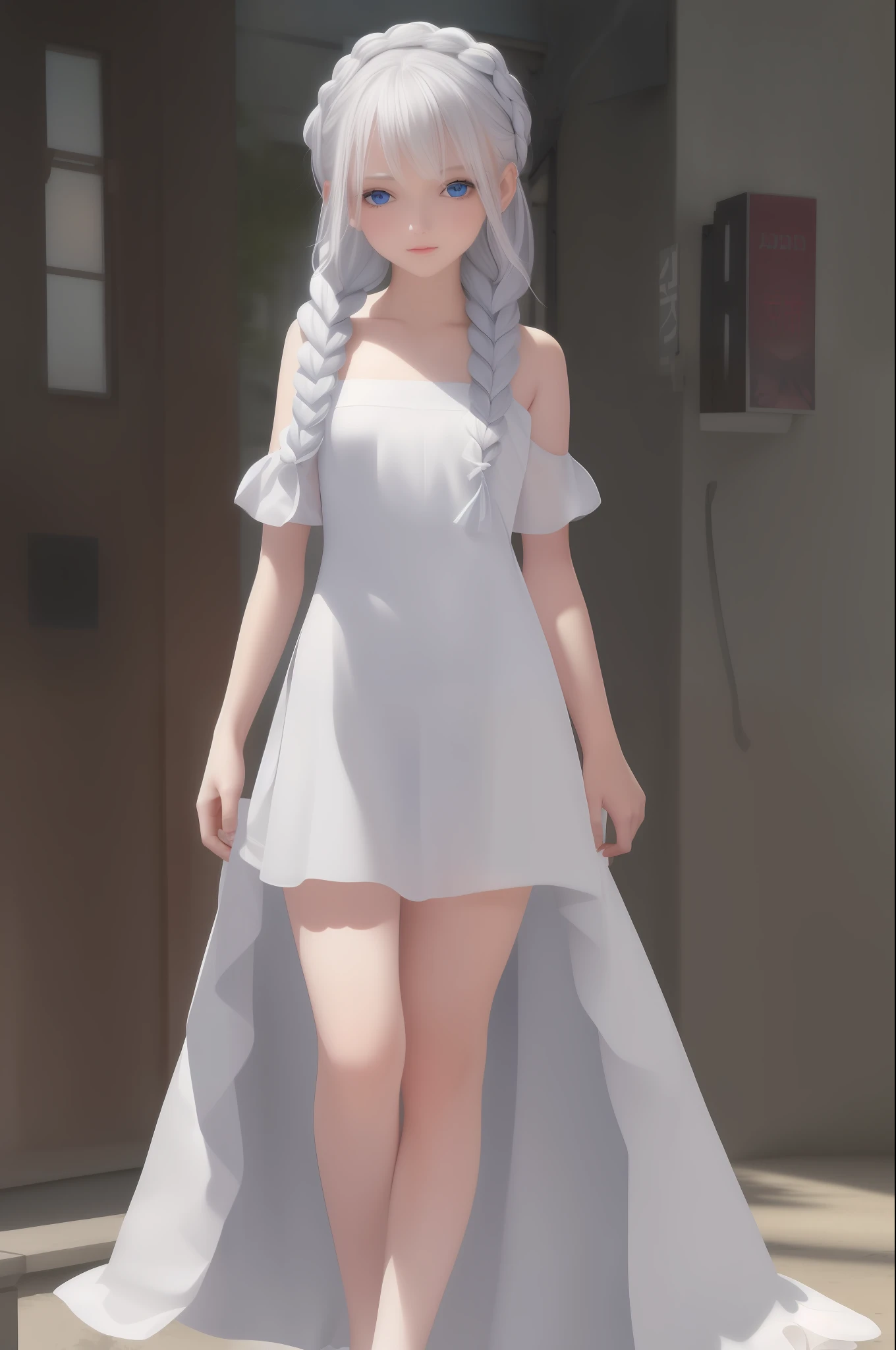 best quality, masterpiece, white short braided hair, beautiful girl, blue eyes, detailed face, small chest, sexy, wearing long small sexy dress, bare shoulder, unconcerned, NSFW, quality,8K, official poster,