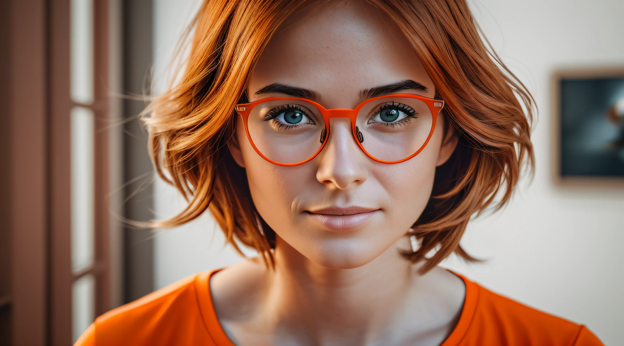 A 27-year-old female character wearing beautiful orange glasses and wearing a plain orange mesh T-shirt, in an agency with orange walls, very short and spiky orange brown hair, slim body, looking at the camera, cinematic lighting, shallow depth of field, 8k UHD, DSLR, 35mm 1.8 lens, masterpiece, high quality, photorealistic,  realism, hyperrealism, art photography --auto --s2