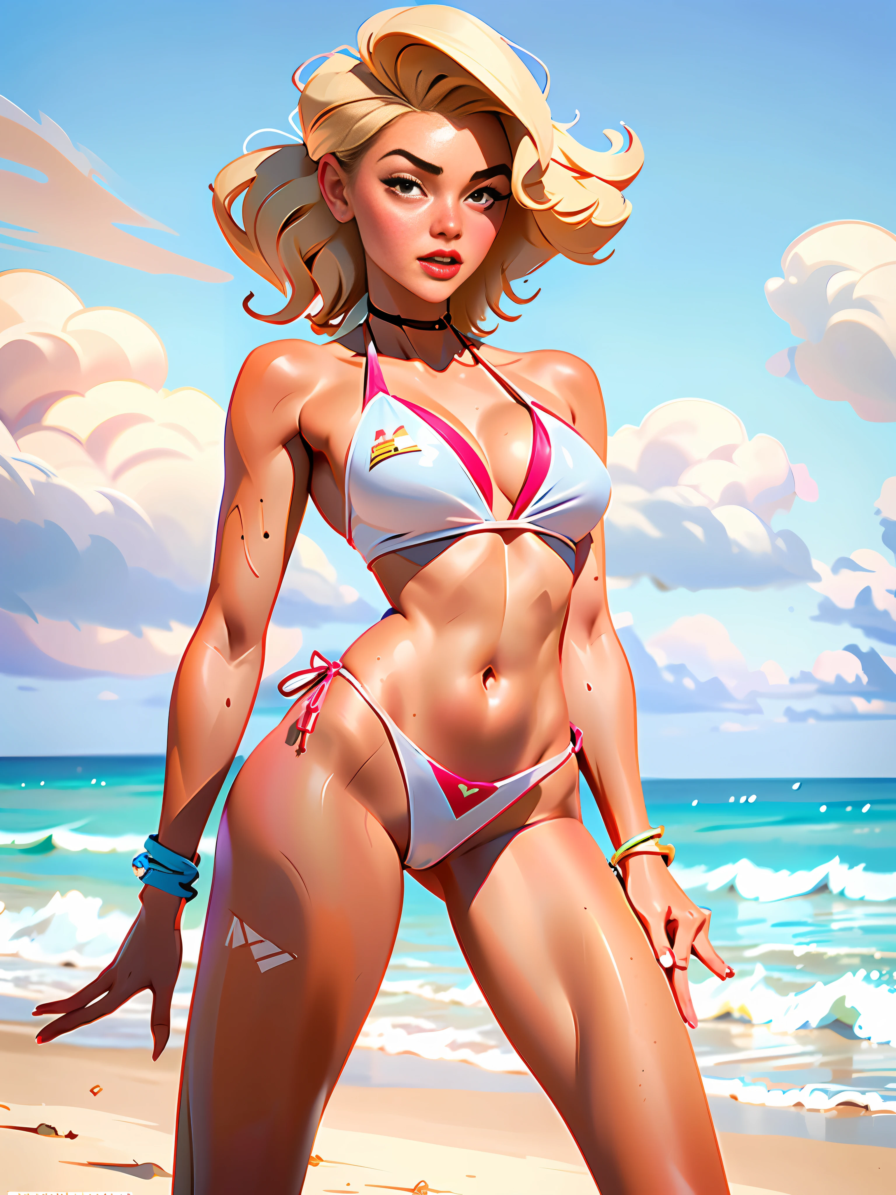 (high quality, best rendering), (beautiful girl, Ana Nicole Smith), (bombshell, pin-up style), transparent wet bikini, yummy, perfect body, sculptural. fitness, deserted beach, almost naked, psychopath, crazy face, sexy pose, 2 piece clothing, pastel, centered, scale to fit dimensions, micro thong, micro bikini, camel toe