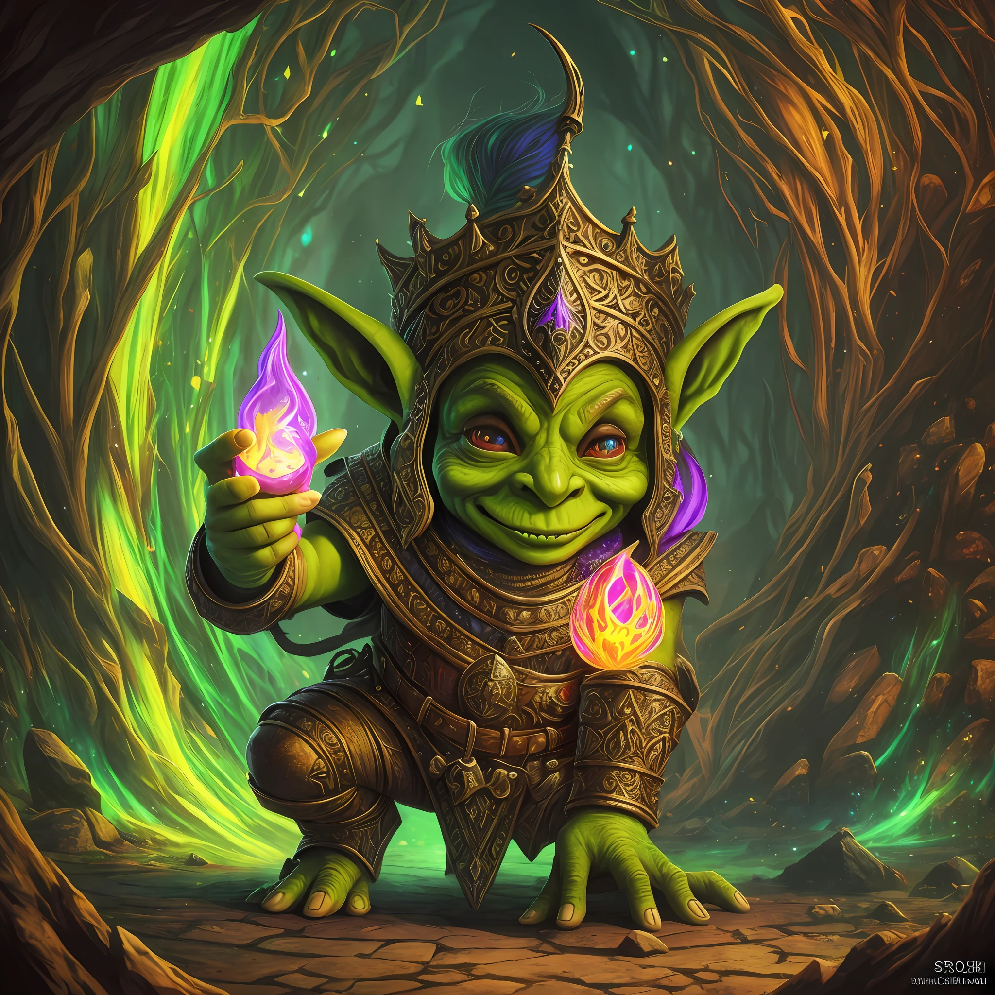 in psychedelic fantasy art style, impactful medieval goblin, 8k, ultrarealistc arcanist rpg --auto --s2