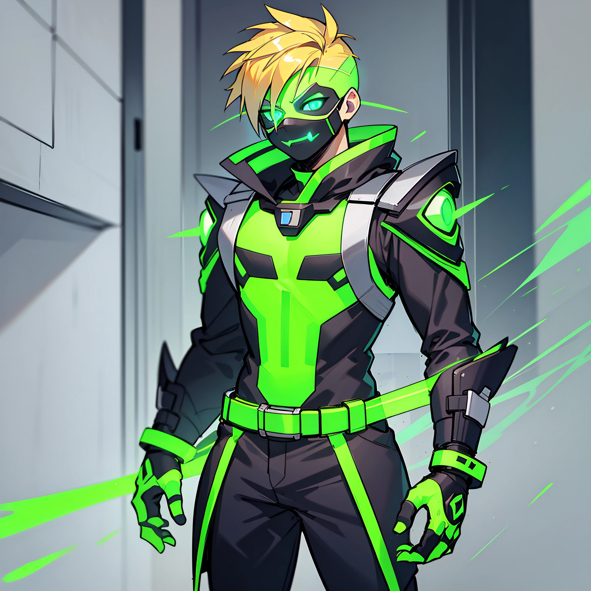 - A full-body avatar of a man, blond, mohawk, wearing an LED mask with green X-shaped eyes and a green smile and the color palette black and -light green -black. ! IMPORTANT!: anime style