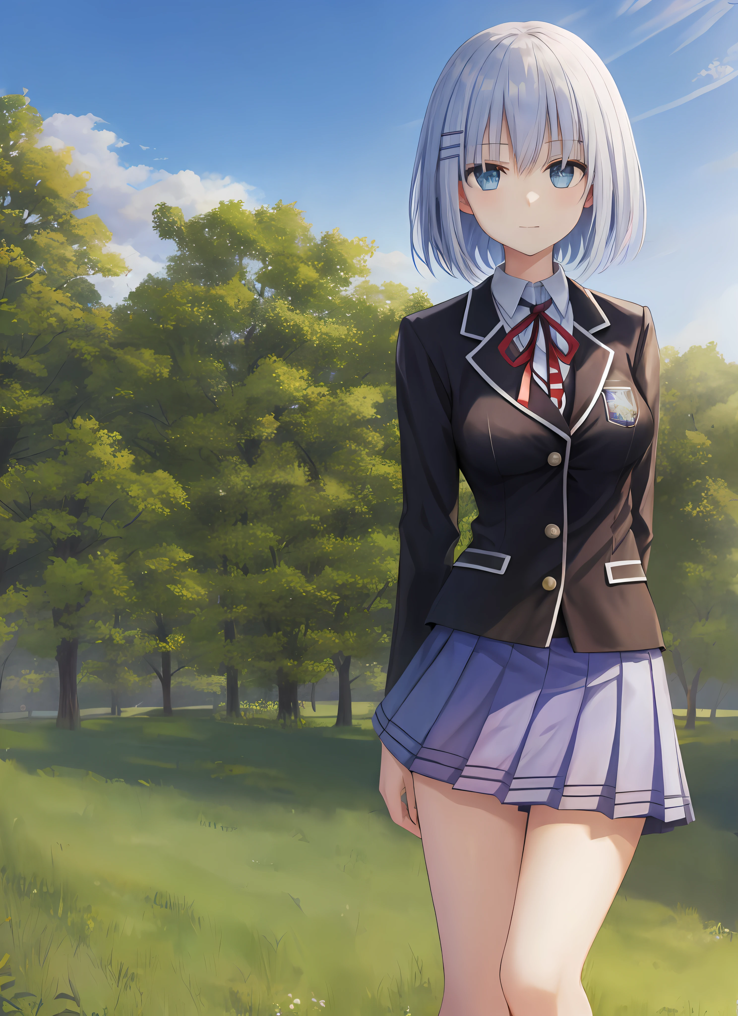 schl1, standing, upper body, simple background, outdoors, sky, sun,