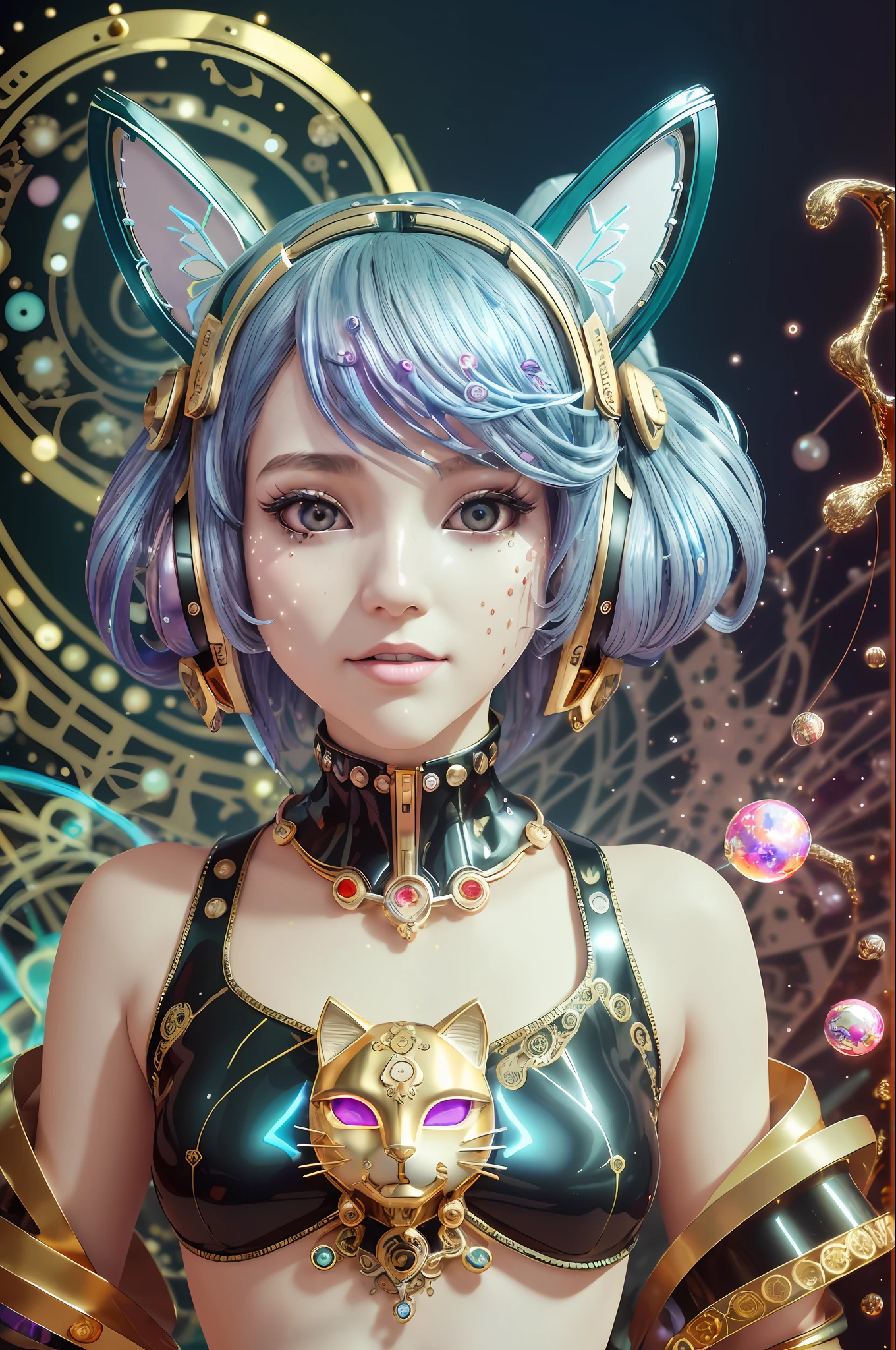 (fractal outsider cyberpop kawaii art:1.7), (a cute girl with a robotic cat head smiling:1.6) and (metal-bone-wire wings:1.5) emerge from (a cosmic circus of asemic symbols:1.4), (inspired by Robert Smithson’s Spiral Jetty:1.3). The girl is (gold plated and dripping:1.8) and wears (a Boris Bidjan Saberi outfit with art nouveau embroidery:1.6) and (a Hello Kitty mask with glowing eyes:1.5). Her body is adorned with (Mandelbrot fractals: 1.7). Her colors are (iridescent: 1.5). The image is captured by (a Canon EOS 5D Mark IV camera:1.2), with (a 45 degree overhead angle:1.3) and (a dynamic zoom:1.4), and rendered with (ultra-detailed CGI effects:1.9), using (Blender software with Cycles rendering engine:1.2). The image combines (photorealistic-hyperrealistic areas with surreal-abstract areas: 1.8), creating a contrast between (the organic-geometric, natural-artificial, figurative-generative: 1.7). The image is suitable for (an album cover or a wallpaper: 1.3). The girl seamlessly transforms into a streamlined robotic cat mask embroidered with metallic threads and pearls, with a tiny lab flask with an abstract bipolar brain, in a microworld style that fuses Tobias Gremmler, Andrew Thomas Huang, and James Merry. The mask is shaped like a futuristic car traveling through a hyperloop, creating an optical illusion of movement and distortion. The image is an innovative and original work of digital art that defies the boundaries between the real and the imaginary, the beautiful and the grotesque, the pop and the cult.