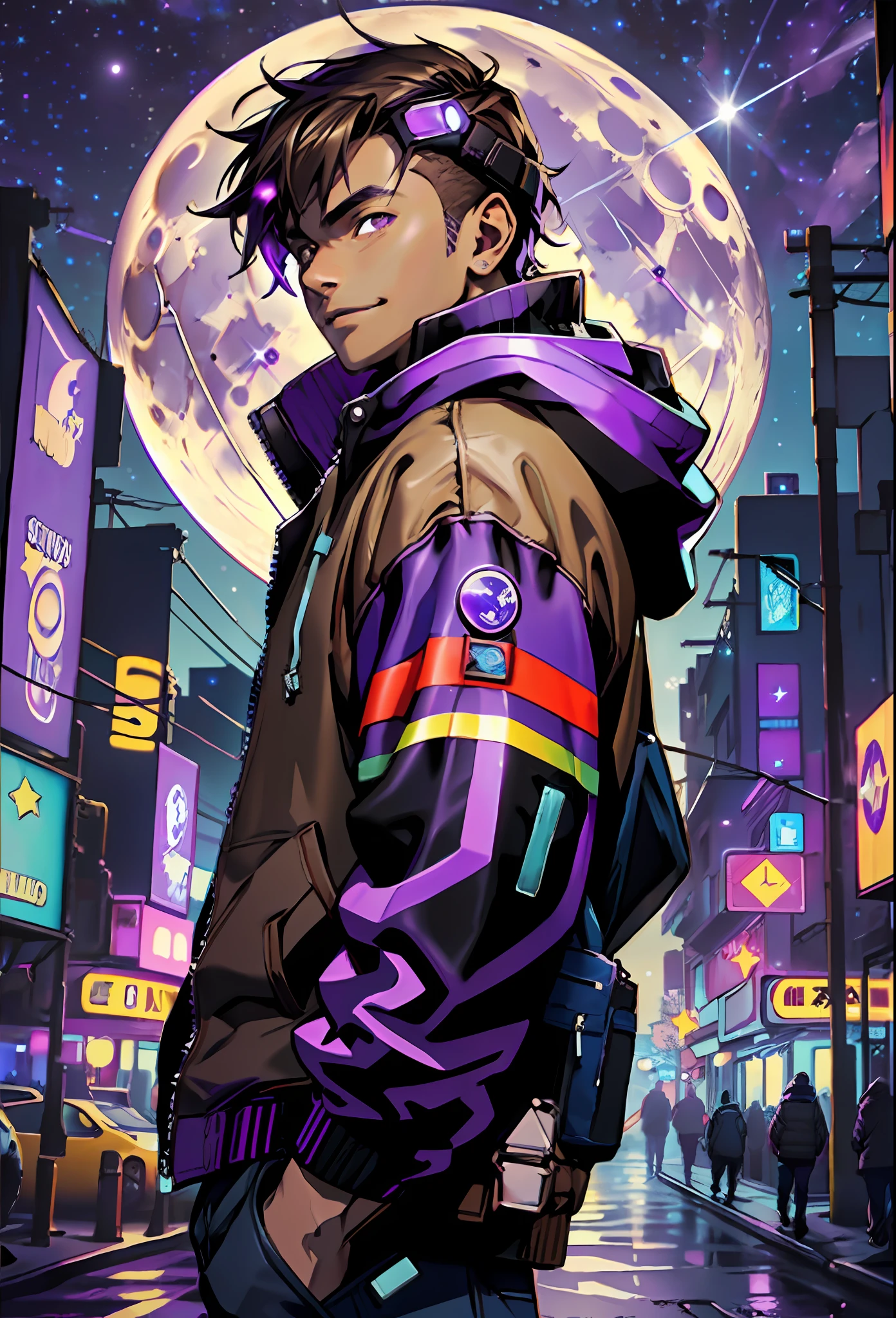 (( boy with light brown skin)), ((wearing hooded blouse)), (((brown eyes))), looking at the camera, full face, ((cyberpunk night town in the background)), (((starry sky with full moon)), (((modern clothing in blue, black and purple colors))), slight smile on face, realistic shadow, detailed shadow, realistic light, detailed light, contour light, pixiv, artstation, super detailed,