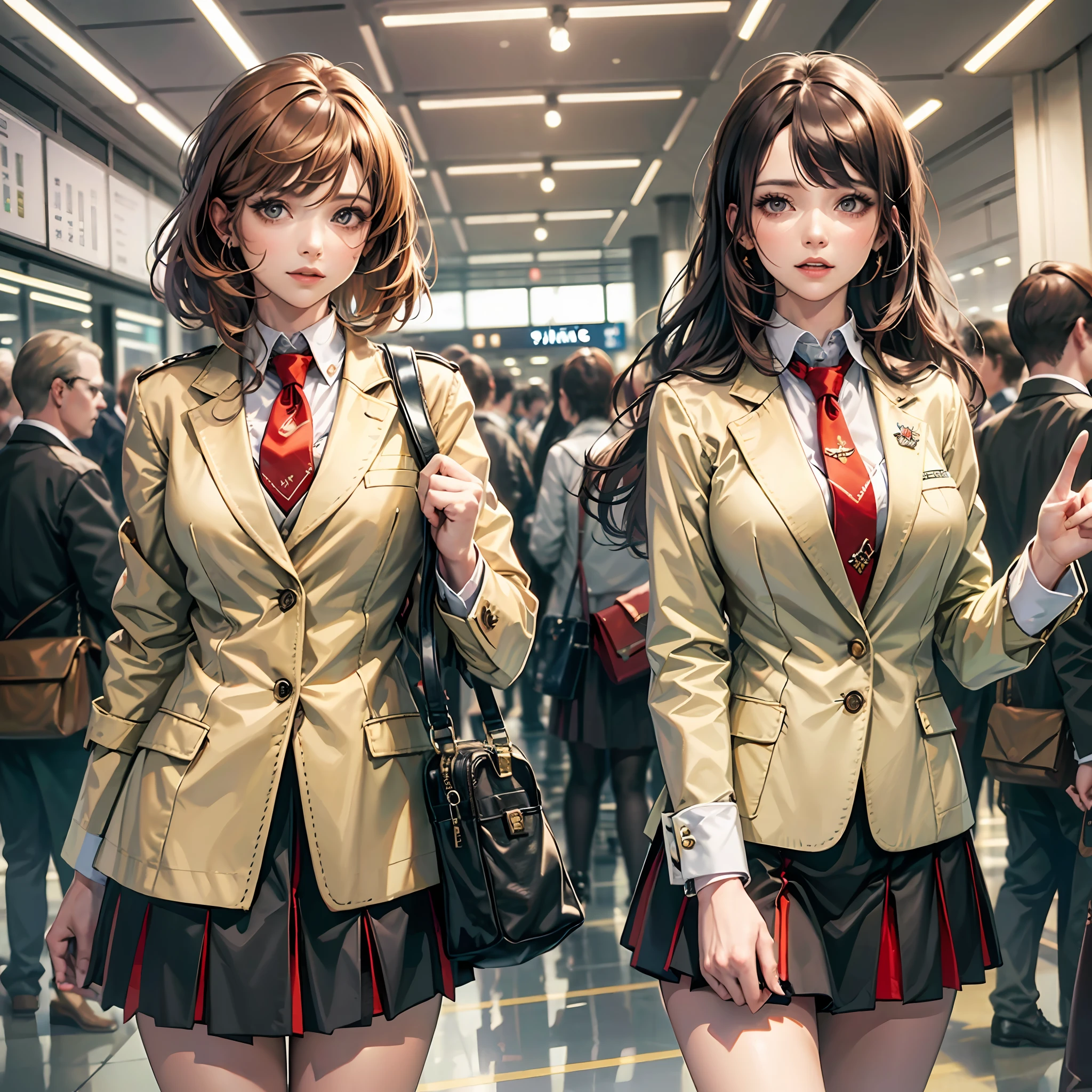 {{Mature female, caucasian}}, looking at viewer, hazel eyes, extremely detailed, medium breasts, brown hair, airport, flight attendant, uniform, red blazer, necktie, red skirt, medium skirt, high heels, happy, best quality, high quality, extremely detailed anime screencap, {{{{crowded, multiple girls, thousands of sisters, millions of sisters,billions of sisters, clone, doppelganger, matching outfit, matching hairstyle}}}} --auto --s2