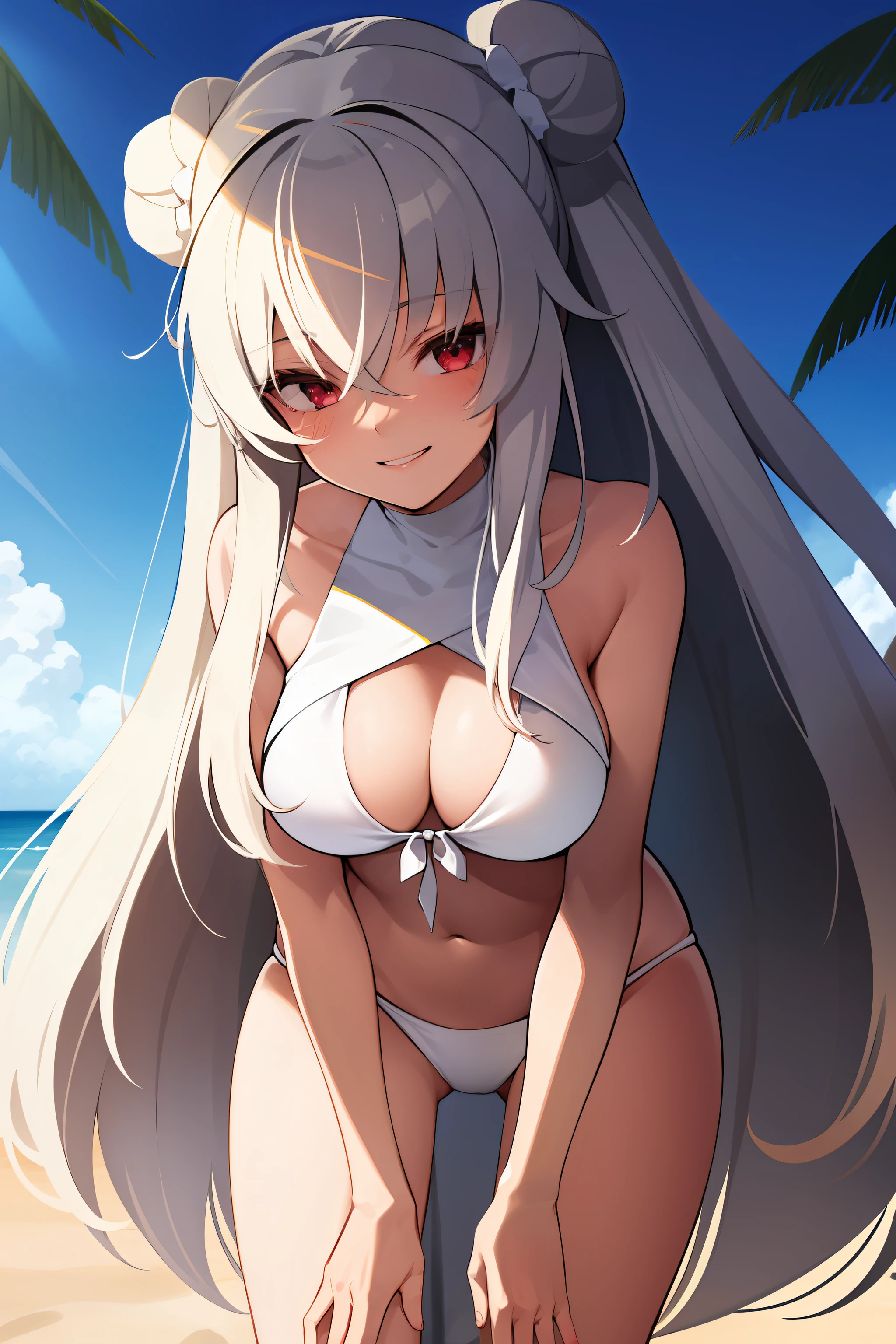 1girl, Bare Legs, Bikini, Laughing, Long Messy White Hair, Lolly, Anime Style, 2D, Beach, Bent Over, High quality, 4k, best shading، WOW masterclass,best quality, illustration,outdoors, beach, smile,small breasts,cowboy shot, double bun, long hair, swimsuit, white bikini,