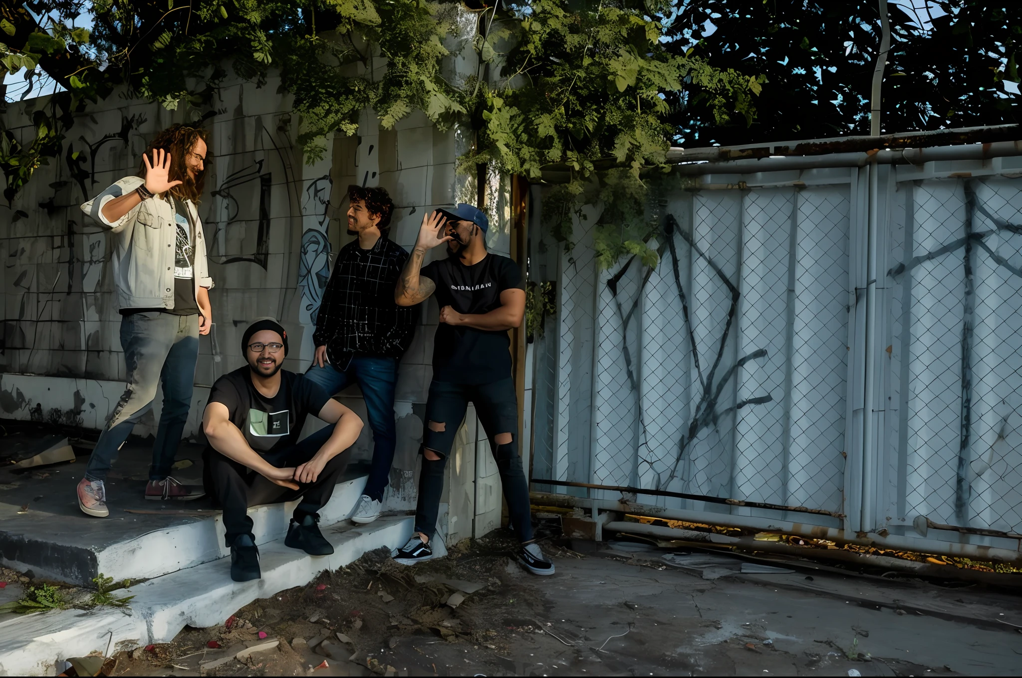 several people standing on a concrete step near a fence, band promo photo, photo from a promo shoot, band promo, promotional shot, promo shot, promo shoot, photo shoot, promotional photo, photoshoot, promo photo, taken in the early 2020s, portrait image, promotional still wide angle, promotional picture, press shot, badass composition