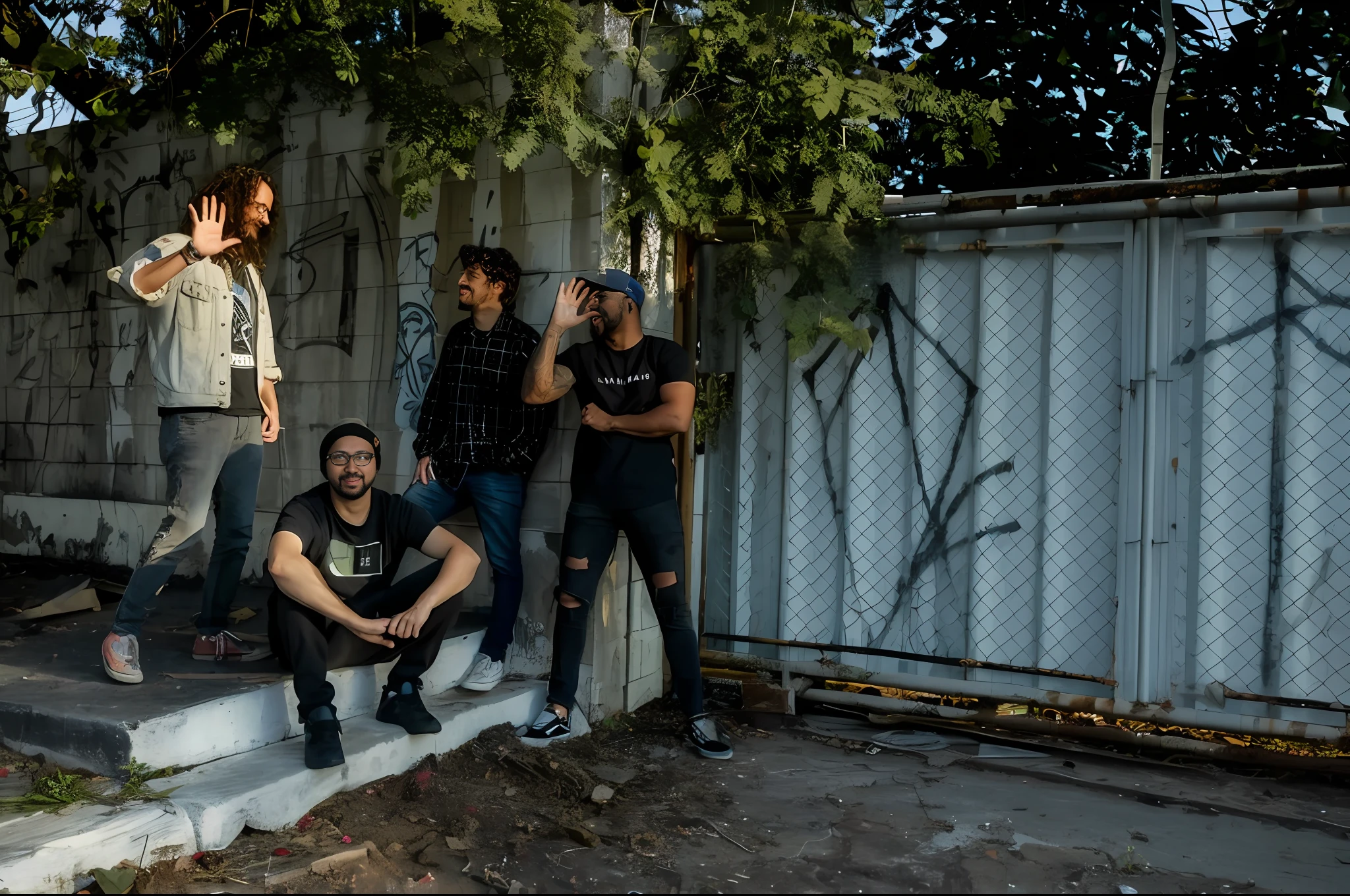 several people standing on a concrete step near a fence, band promo photo, photo from a promo shoot, band promo, promotional shot, promo shot, promo shoot, photo shoot, promotional photo, photoshoot, promo photo, taken in the early 2020s, portrait image, promotional still wide angle, promotional picture, press shot, badass composition